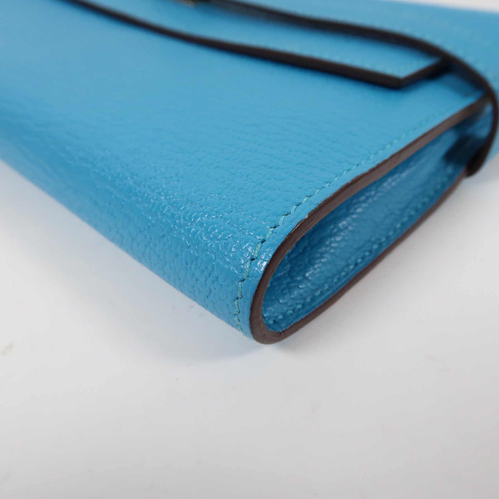 HERMES Mysore皮革Kelly Wallet銀扣長錢包Bleu Azteque/水藍色