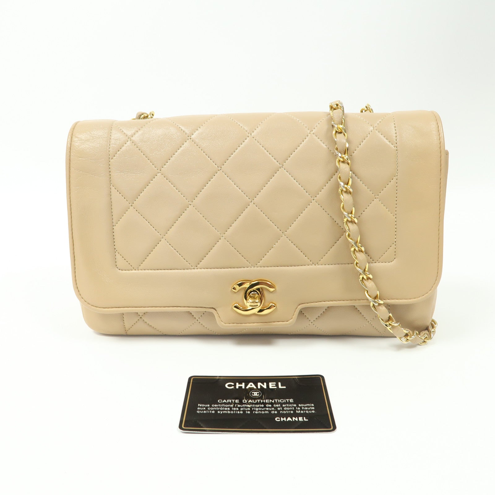 CHANEL 菱格羊皮皮革Chain Shoulder金扣鏈帶肩背袋米色