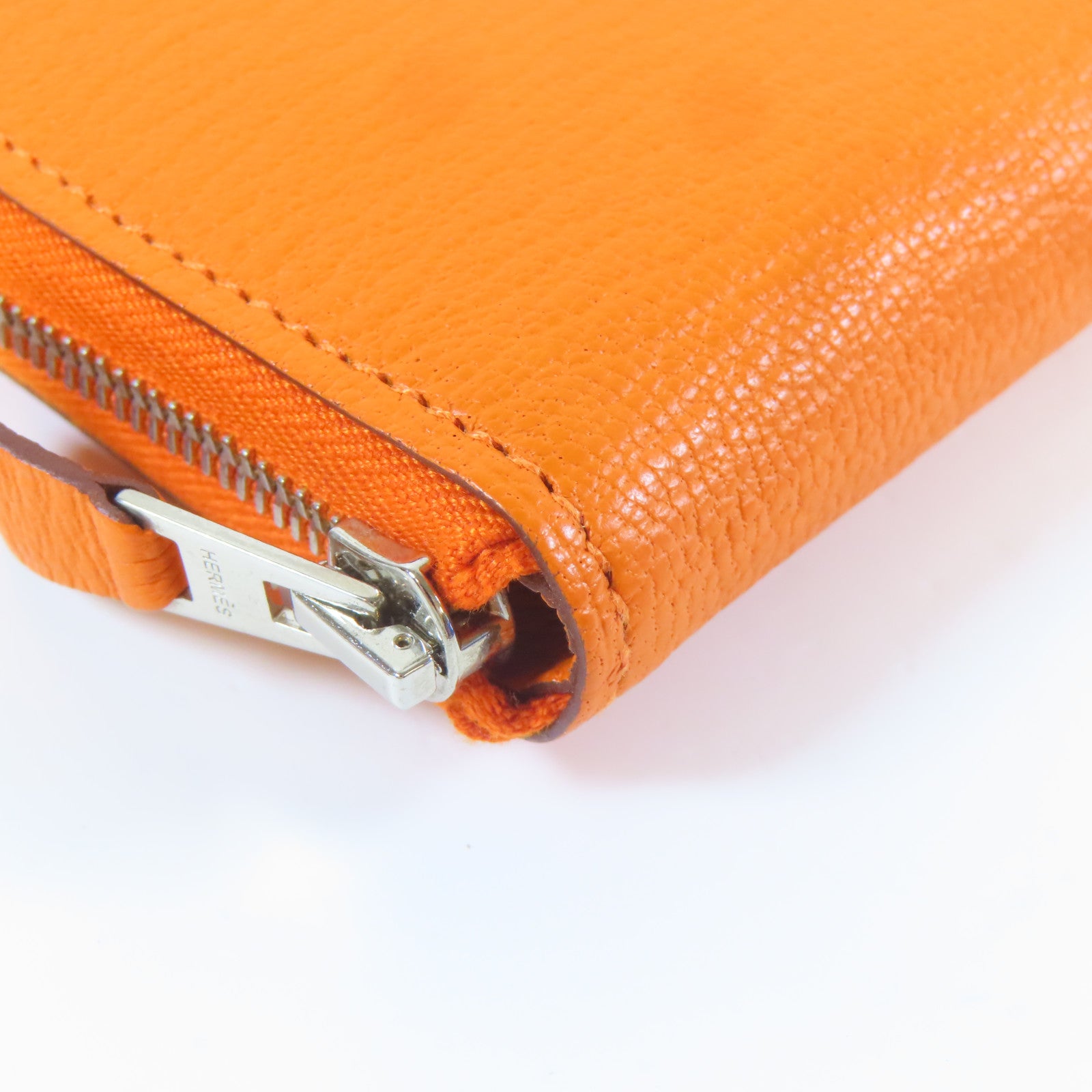 HERMES 【激減優惠】皮革Zipper Long Wallet銀扣長錢包橙色