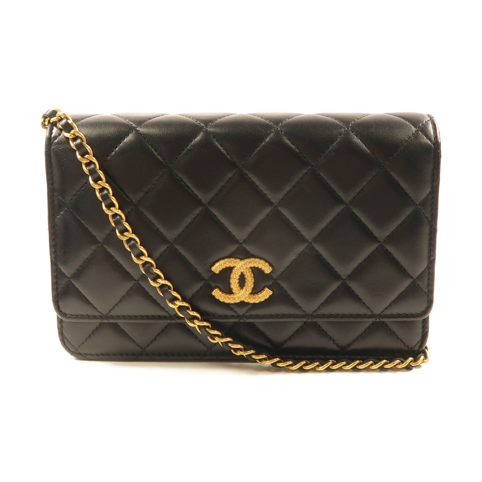 CHANEL 菱格羊皮皮革Wallet On Chain金扣鏈帶肩背袋黑色