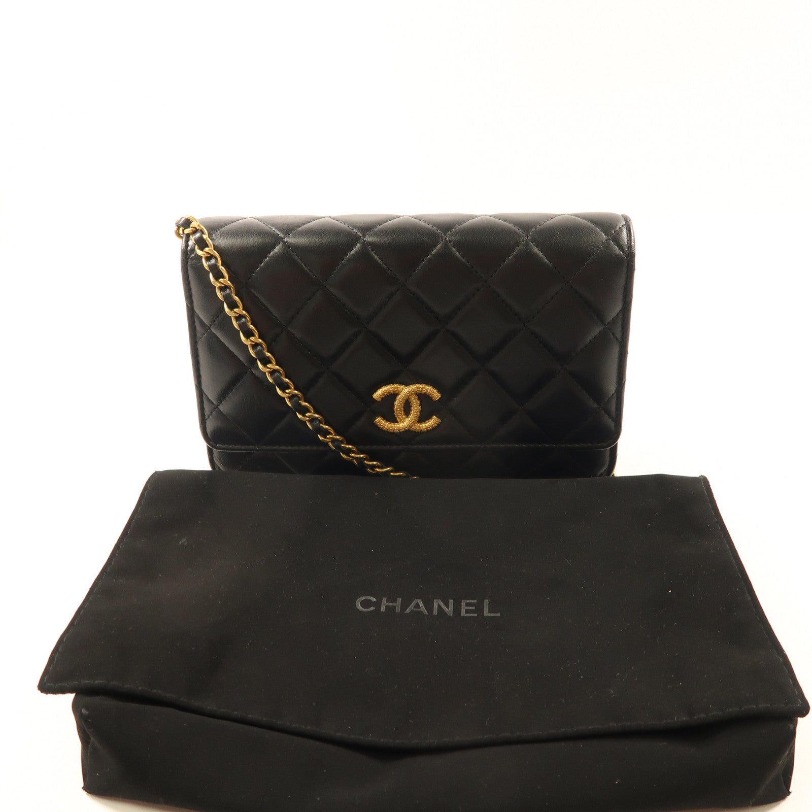 CHANEL 菱格羊皮皮革Wallet On Chain金扣鏈帶肩背袋黑色