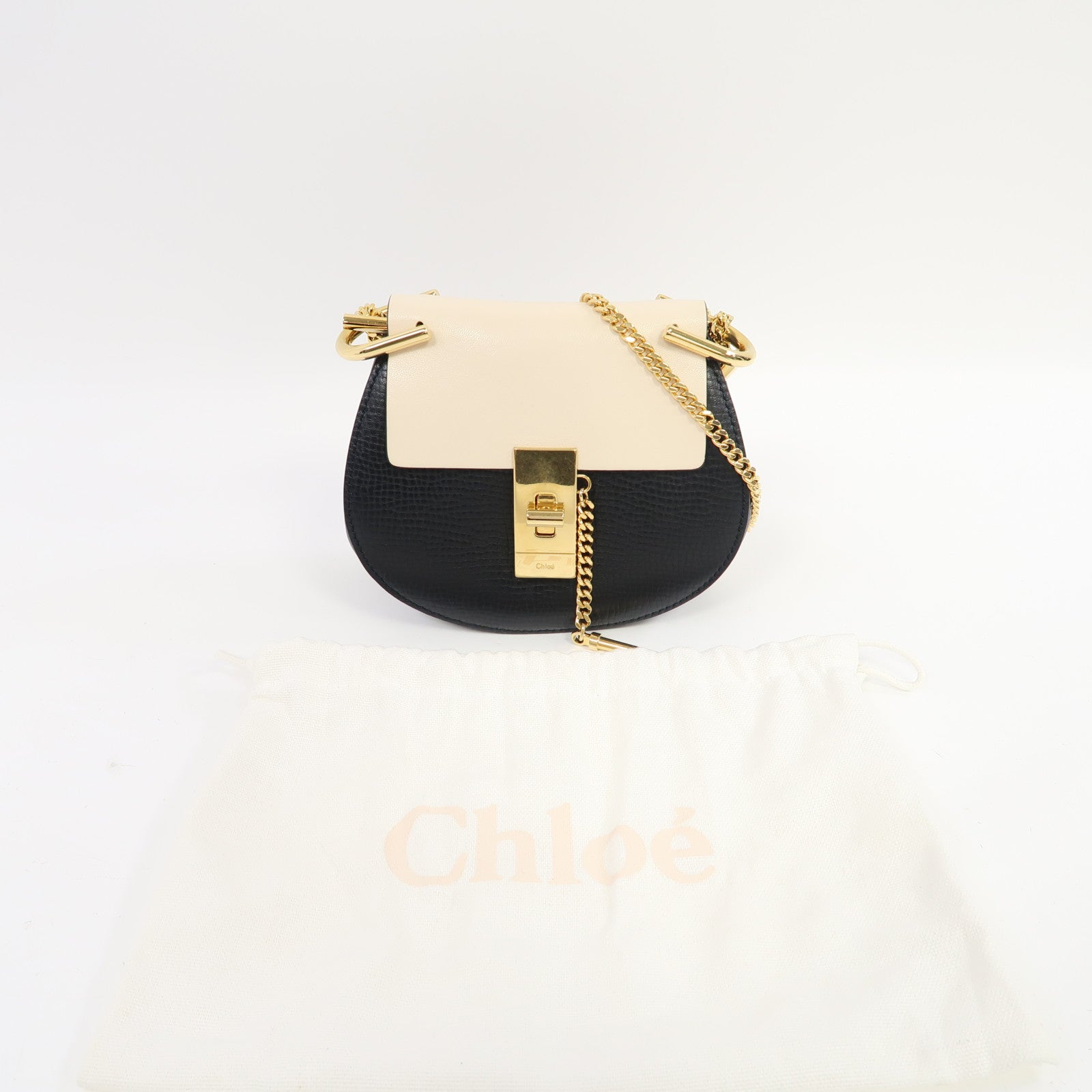 Chloe 【激減優惠】牛皮皮革Drew Bag金扣肩背袋黑色/米色