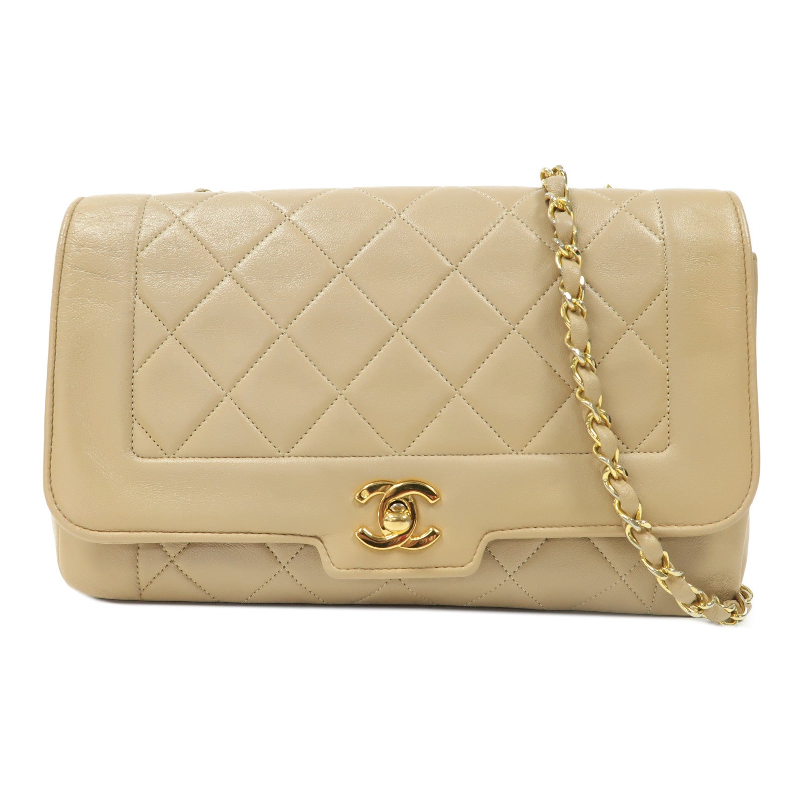 CHANEL 菱格羊皮皮革Chain Shoulder金扣鏈帶肩背袋米色