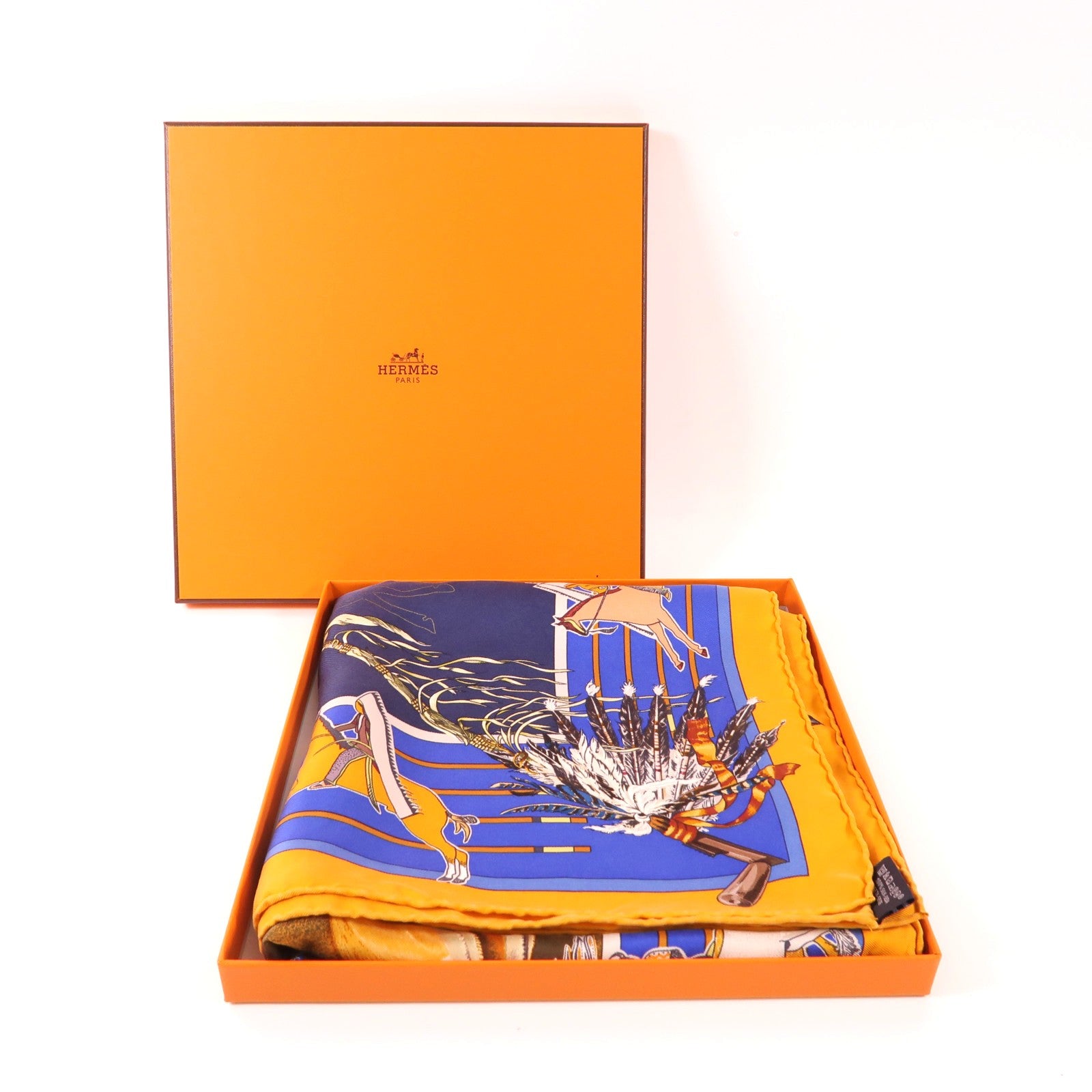 HERMES Carre 90 Scarf Silk Navy Orange