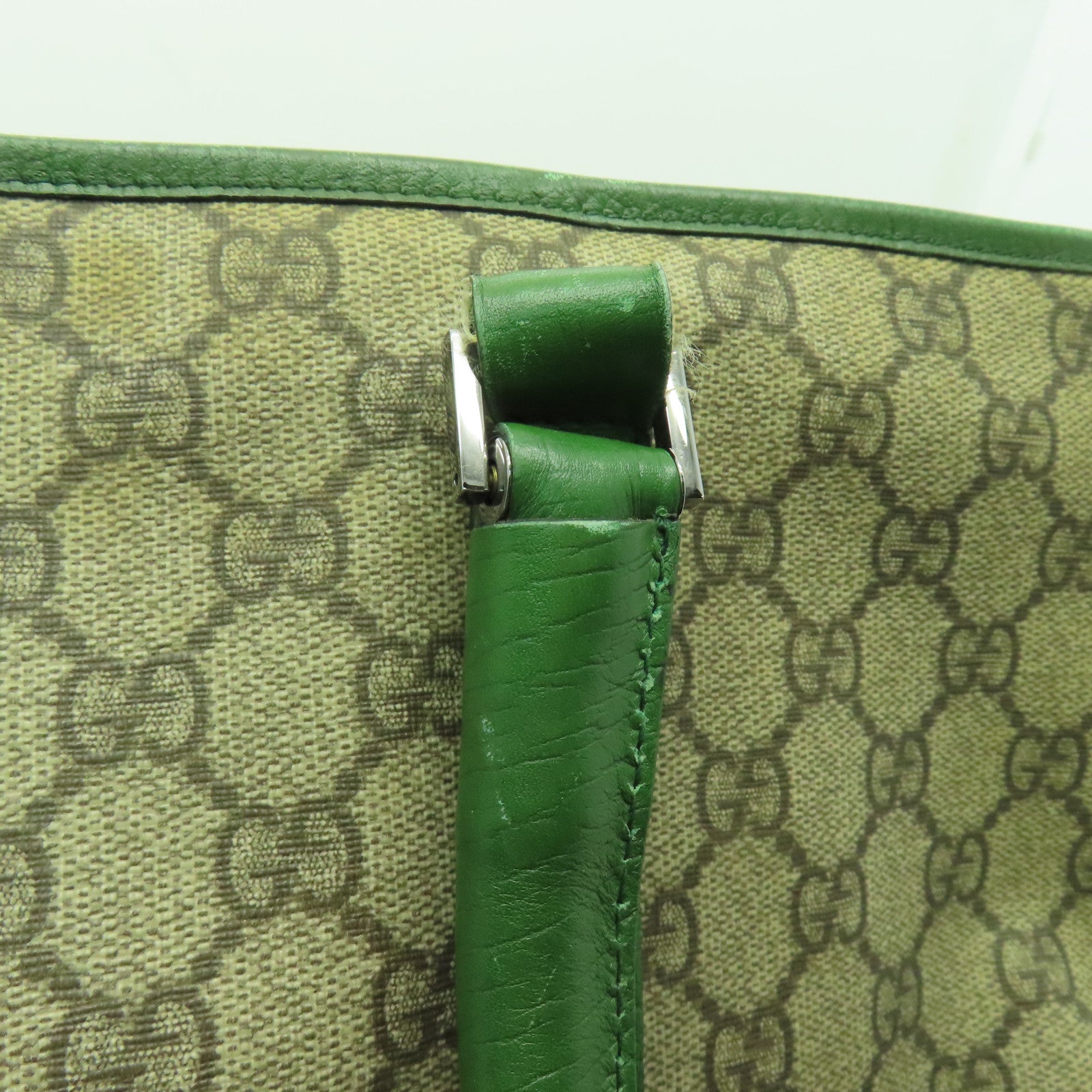 GUCCI 塗層帆布Tote Bag銀扣手挽袋綠色/米色