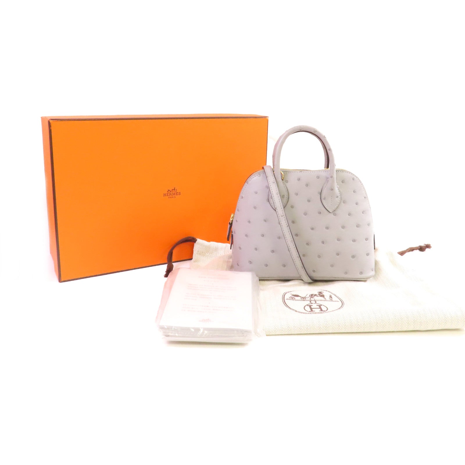 HERMES 鴕鳥皮革Mini Bolide 1923 2Way Shoulder Bag金扣手挽肩背兩用袋Bleu Glacier冰川藍色