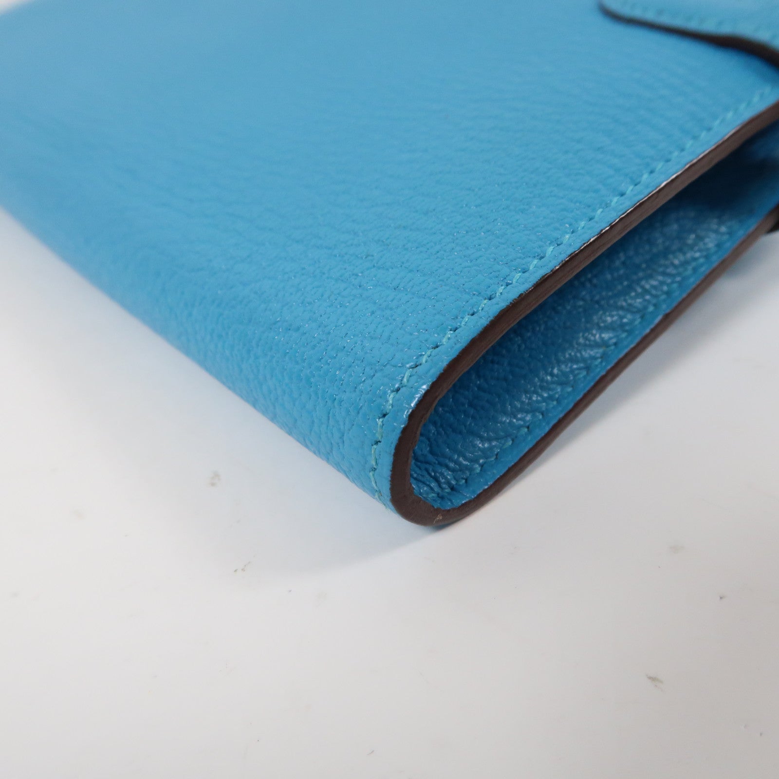 HERMES Mysore皮革Kelly Wallet銀扣長錢包Bleu Azteque/水藍色