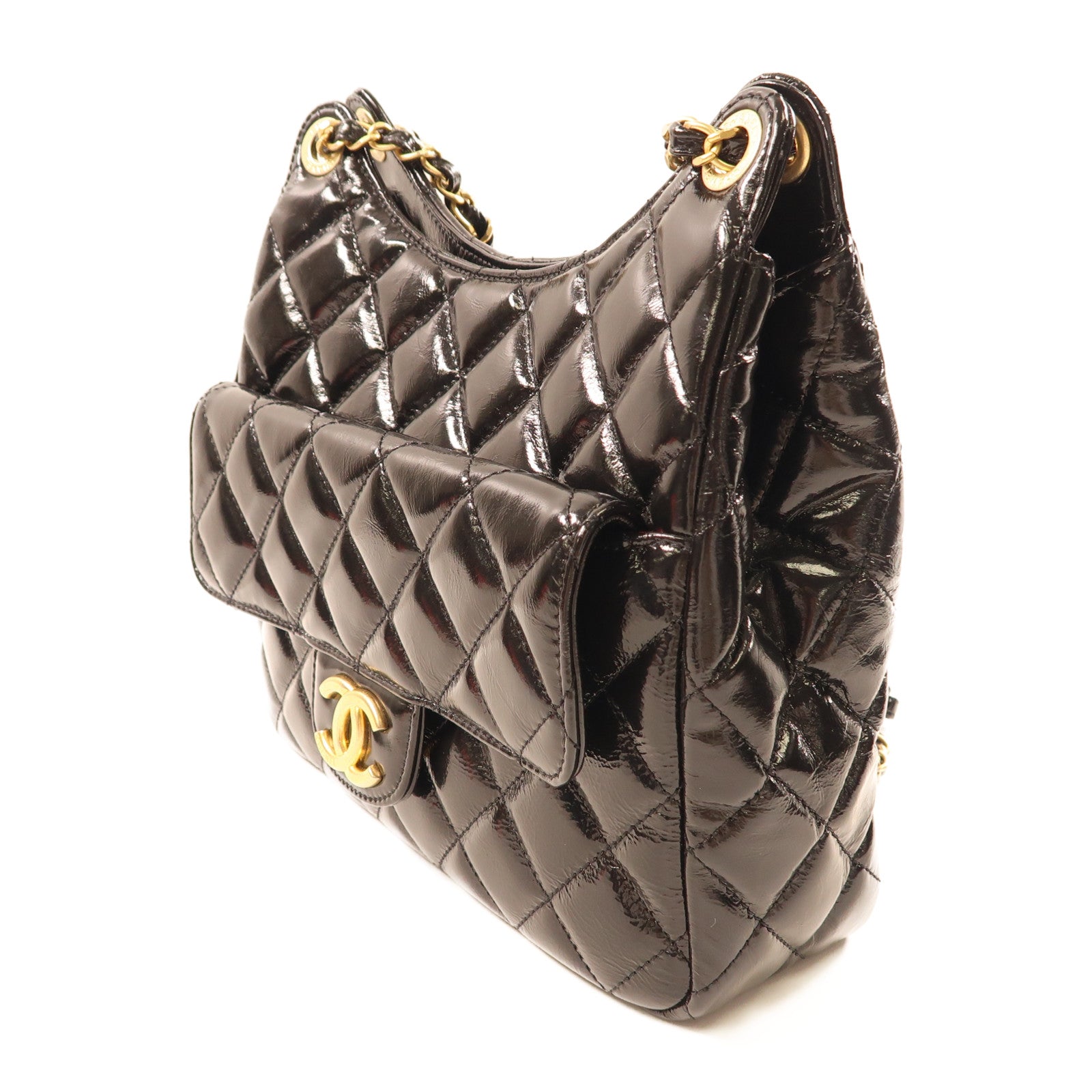 CHANEL Shiny Crumpled皮革Hobo Bag金扣鏈帶肩背袋