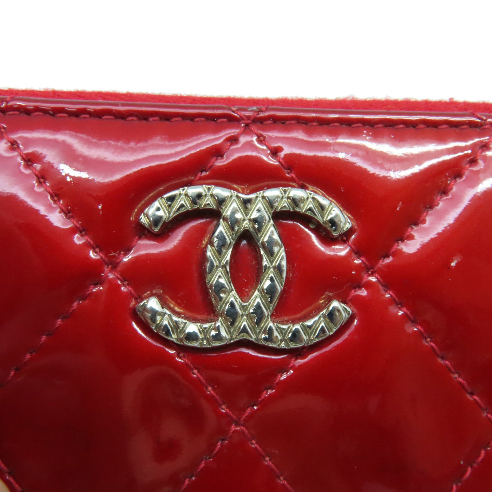 CHANEL 菱格漆皮皮革Round Card Case銀扣拉鏈卡片套紅色