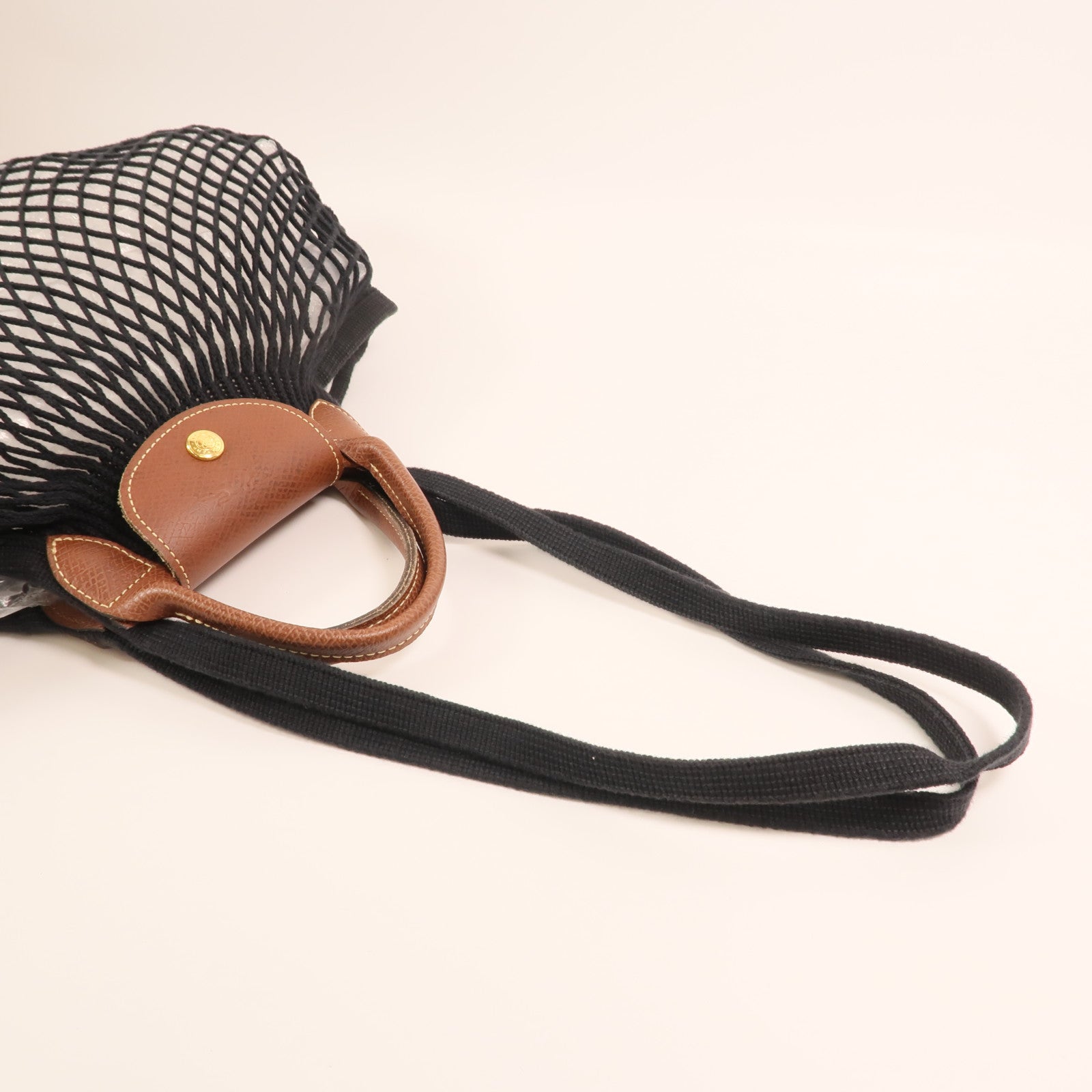 Longchamp 棉質/皮革Mesh Bag L金扣手挽肩背兩用袋