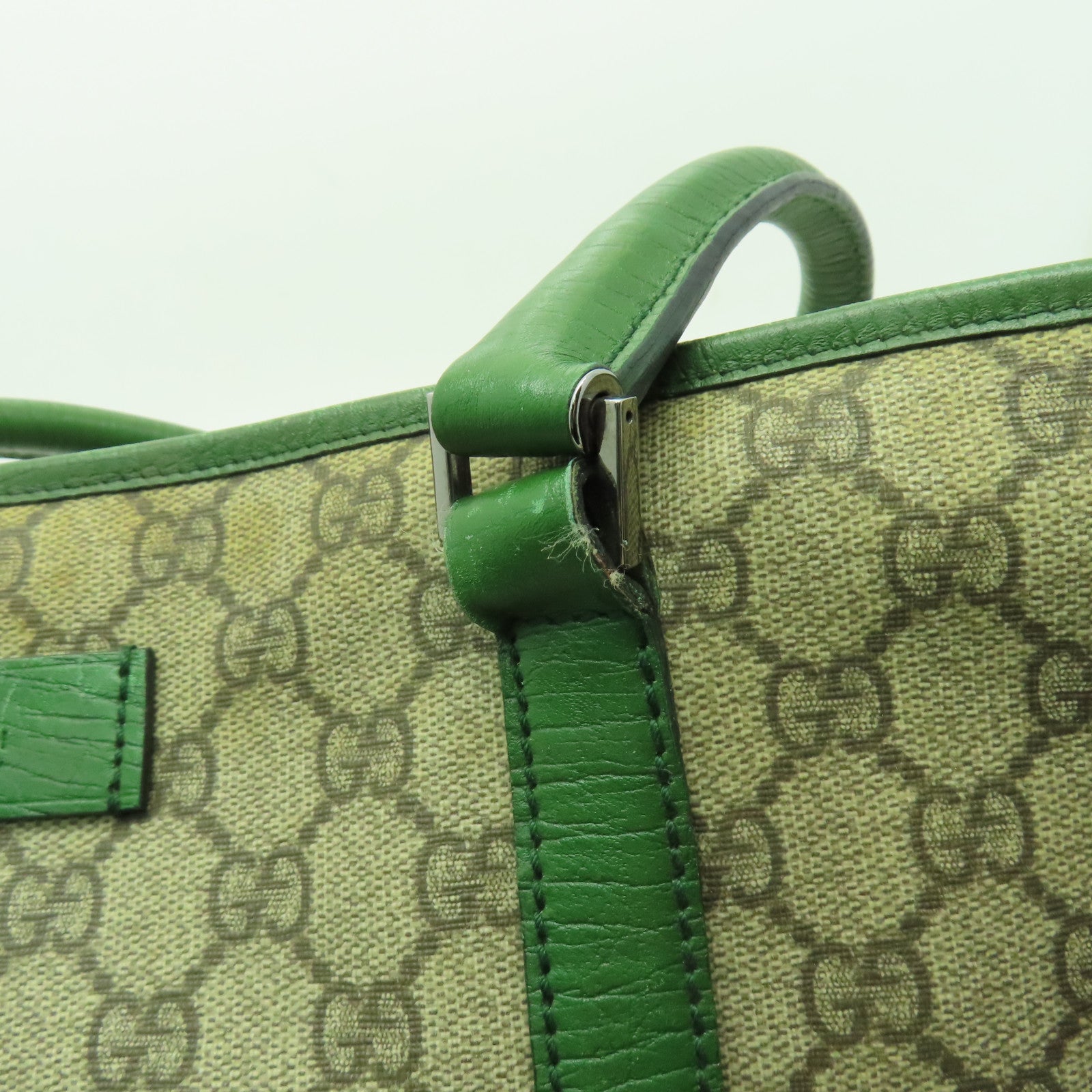 GUCCI 塗層帆布Tote Bag銀扣手挽袋綠色/米色