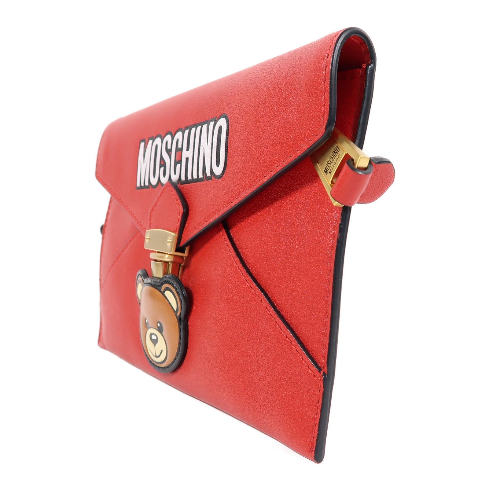 MOSCHINO 牛皮皮革Clutch金扣手拿包紅色