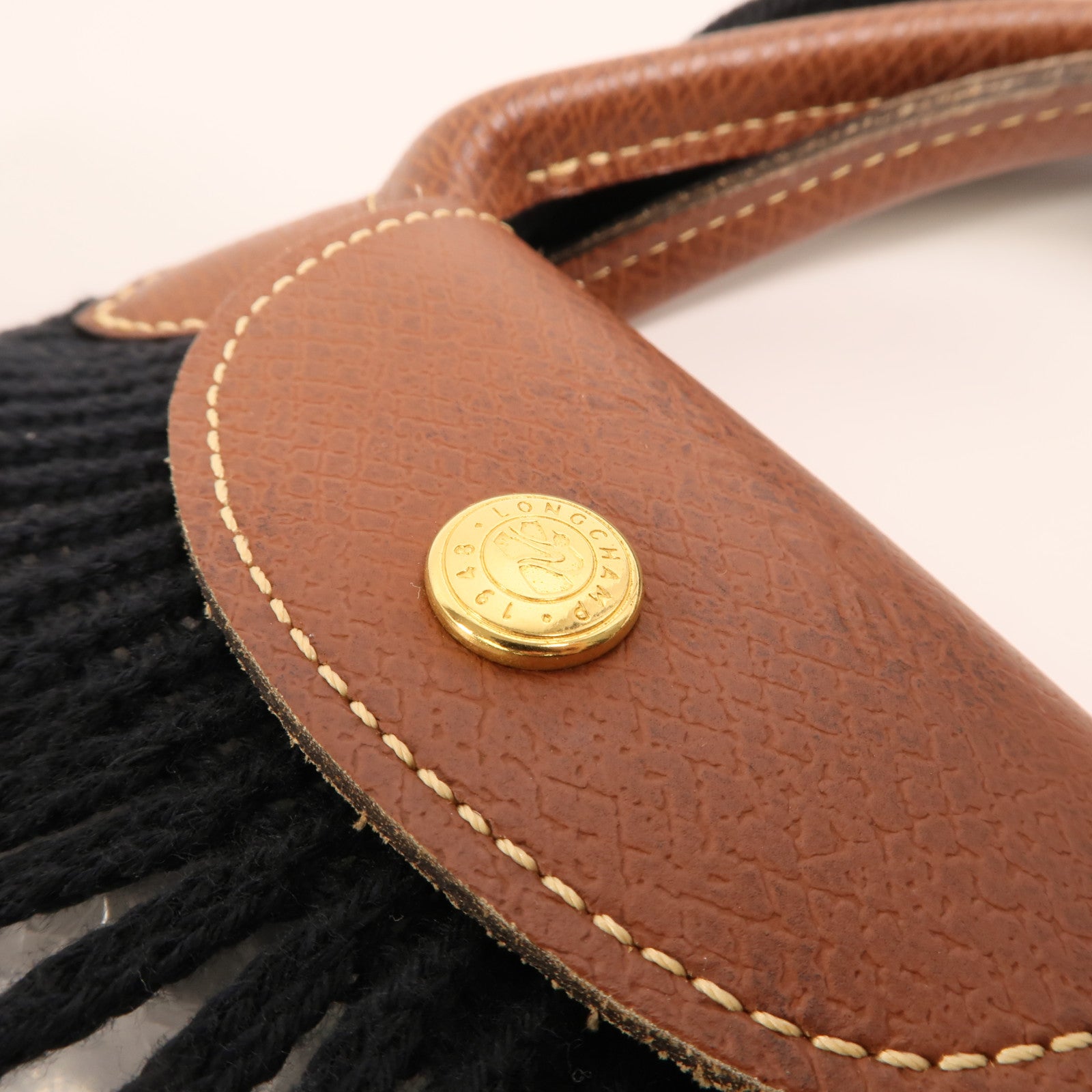 Longchamp 棉質/皮革Mesh Bag L金扣手挽肩背兩用袋