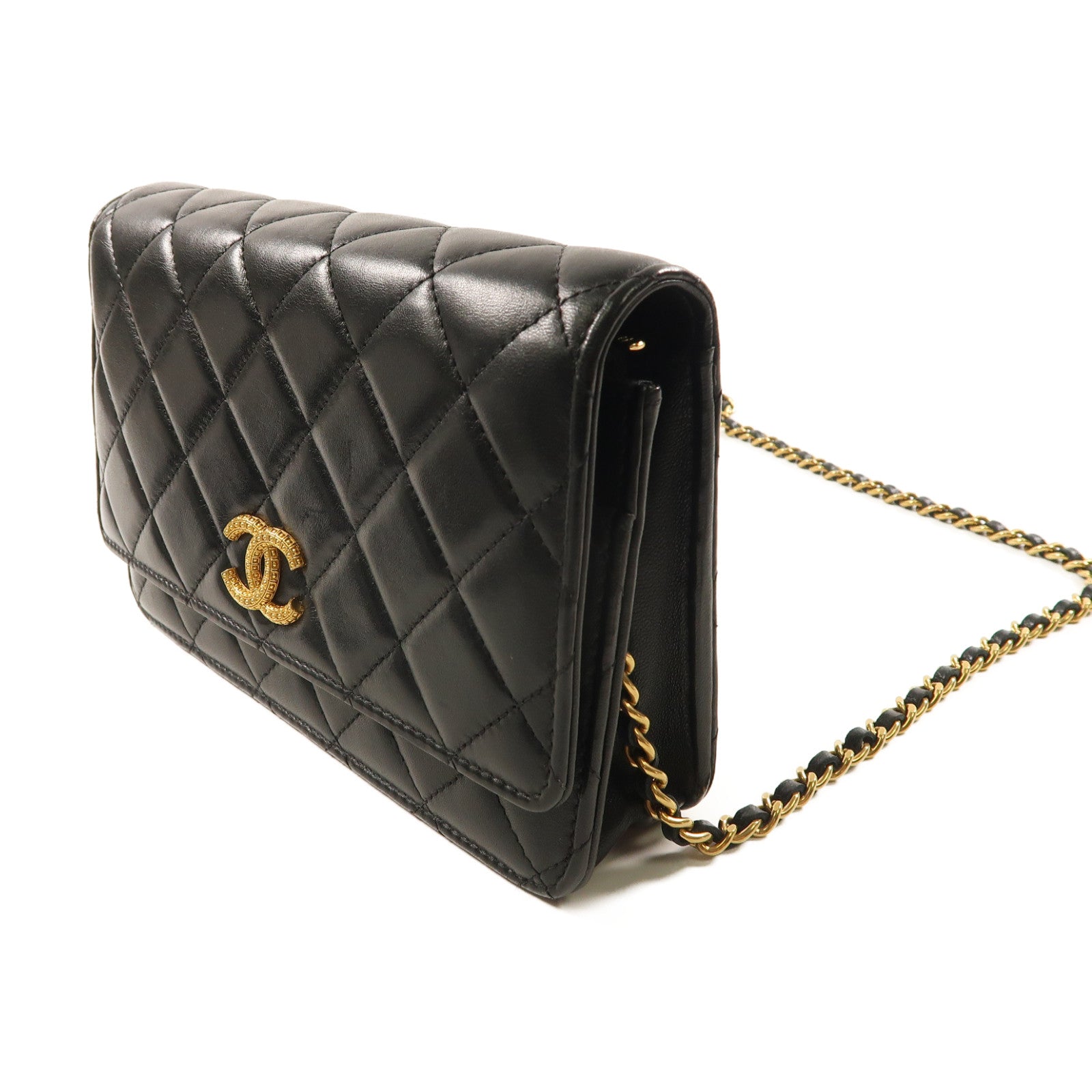 CHANEL 菱格羊皮皮革Wallet On Chain金扣鏈帶肩背袋黑色