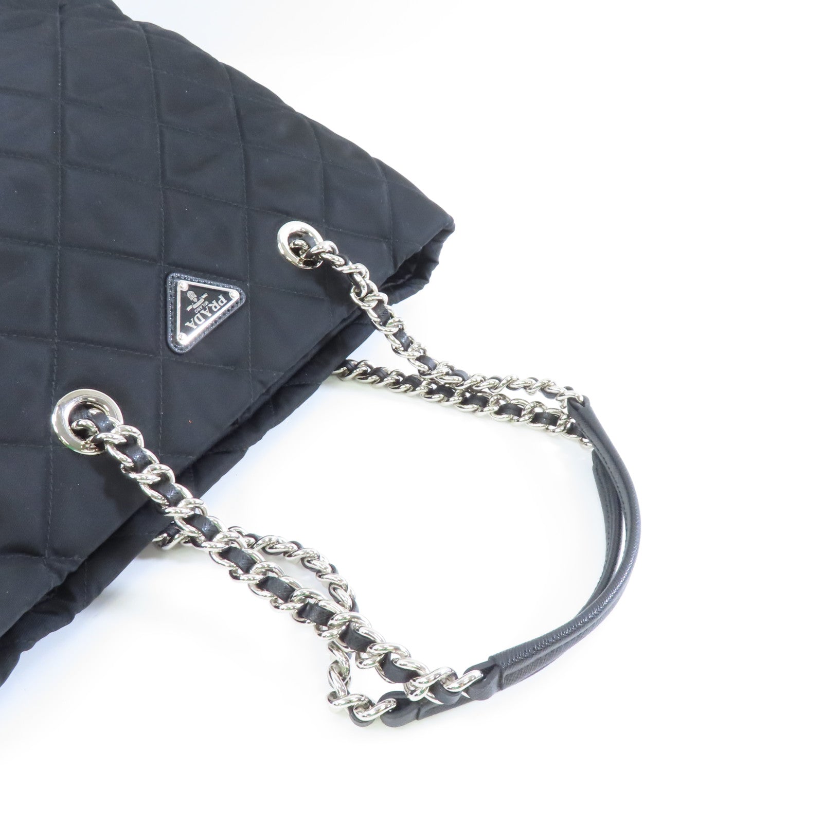 PRADA 菱格尼龍Chain Shoulder銀扣鏈帶肩背袋黑色