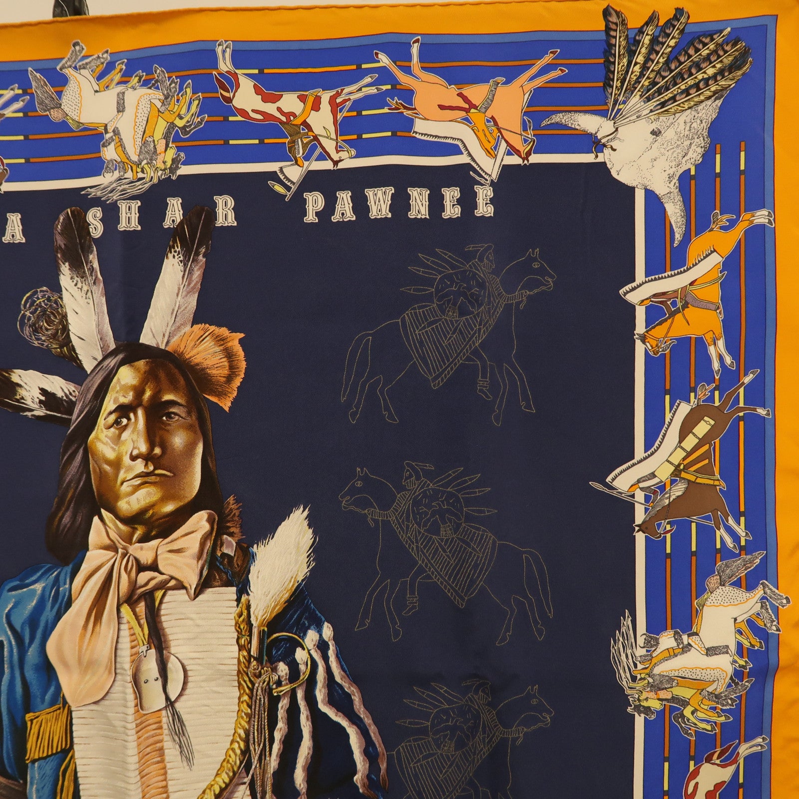 HERMES Carre 90 Scarf Silk Navy Orange