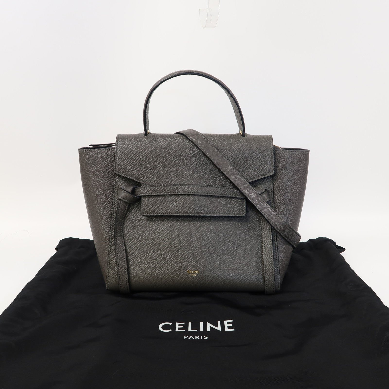 CELINE 牛皮皮革Micro Belt Bag金扣手挽肩背兩用袋灰色