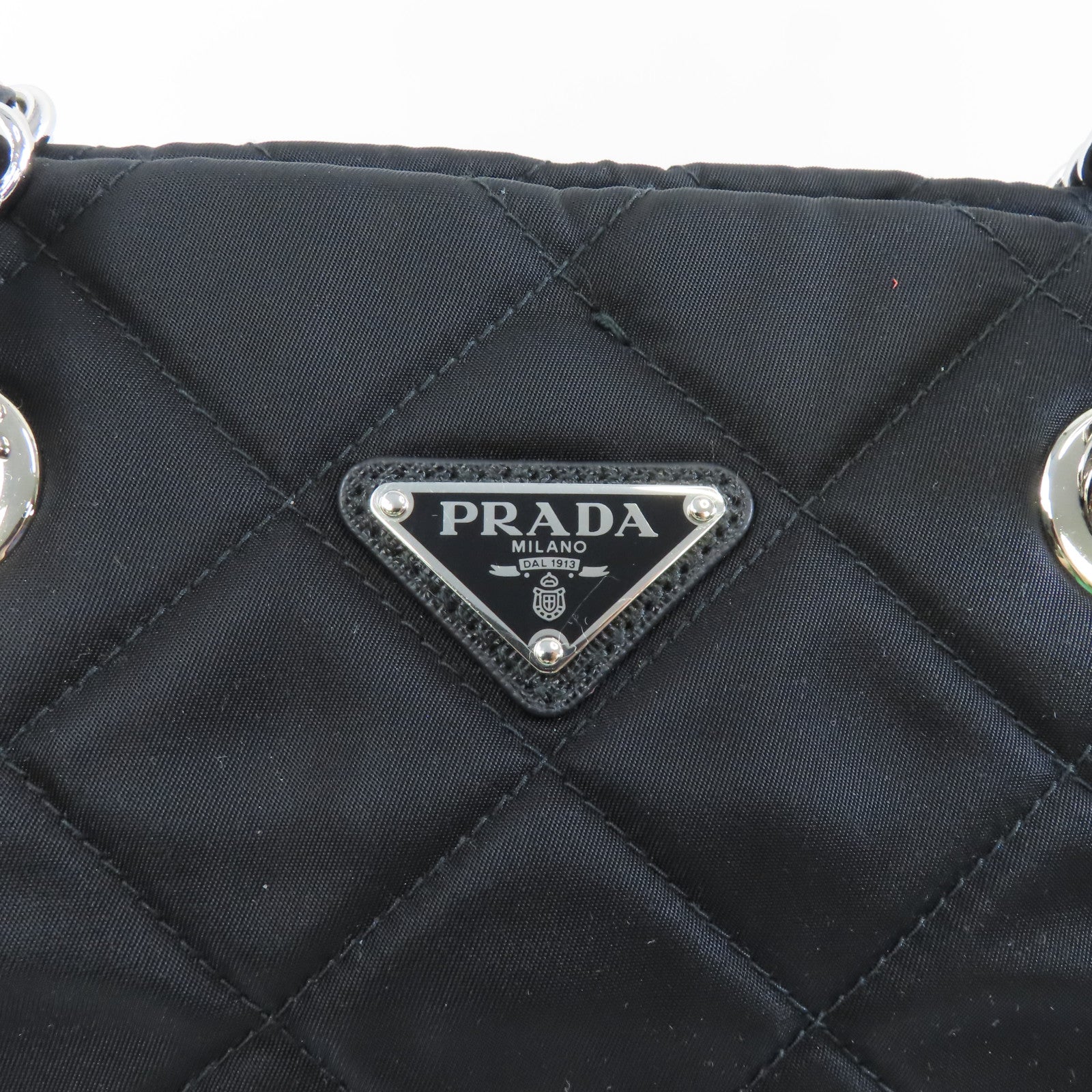 PRADA 菱格尼龍Chain Shoulder銀扣鏈帶肩背袋黑色