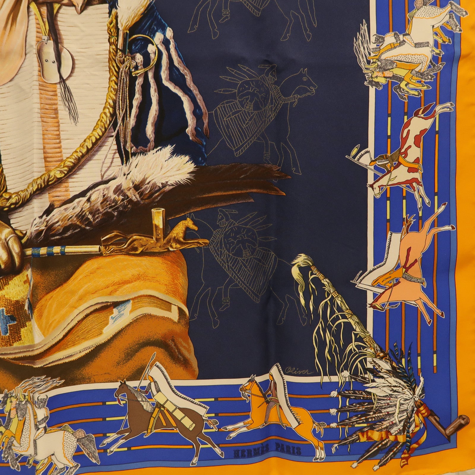HERMES Carre 90 Scarf Silk Navy Orange