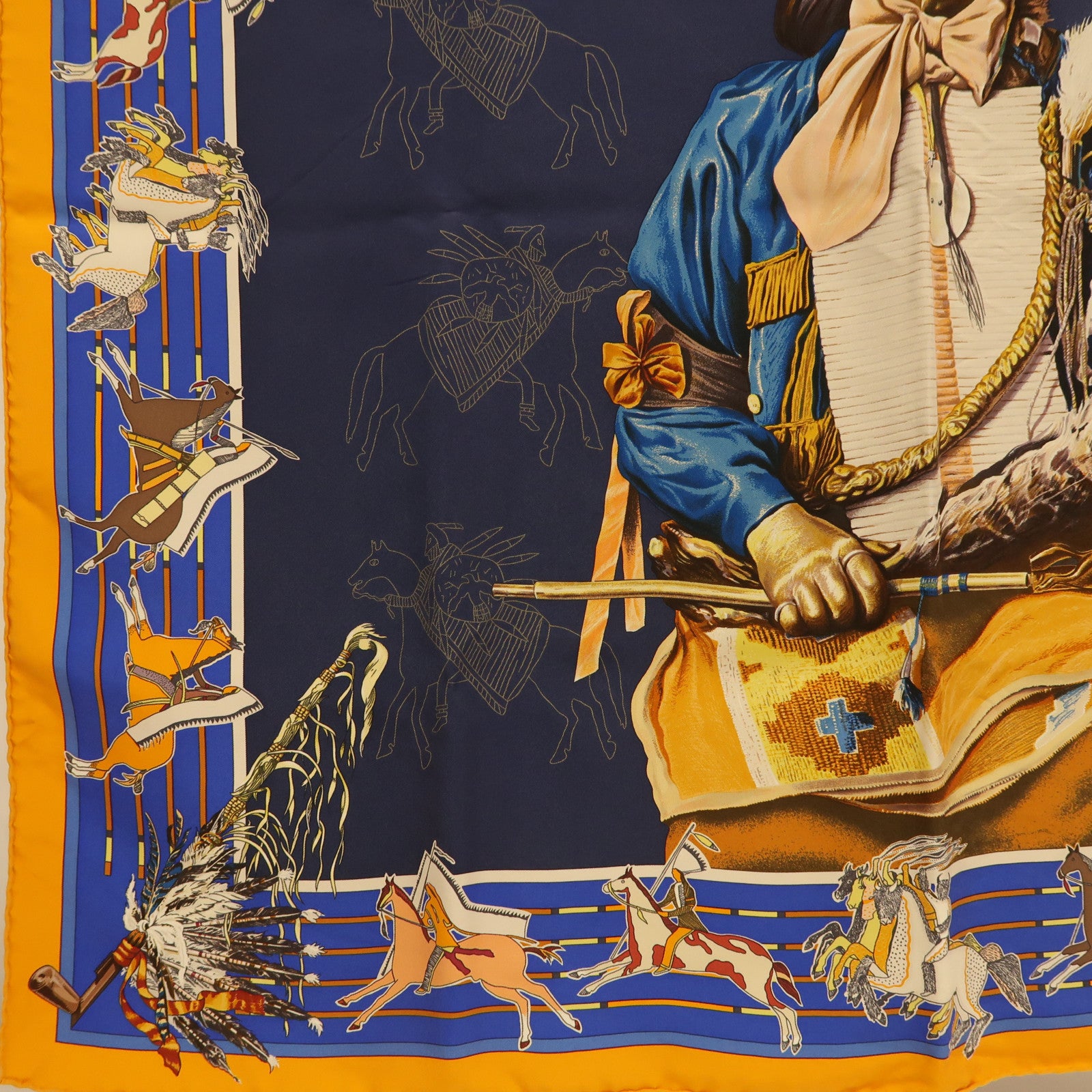 HERMES Carre 90 Scarf Silk Navy Orange