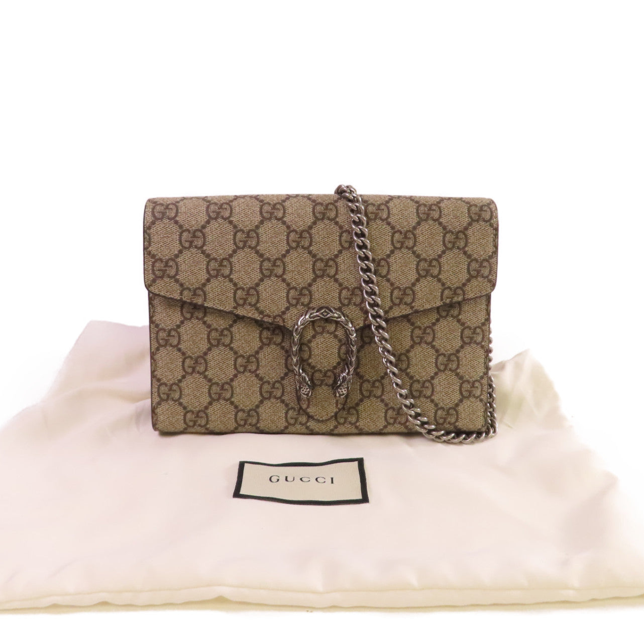 GUCCI 【激減優惠】塗層帆布Dionysus GG Supreme Shoulder Bag銀扣鏈帶肩背袋米色/烏木色