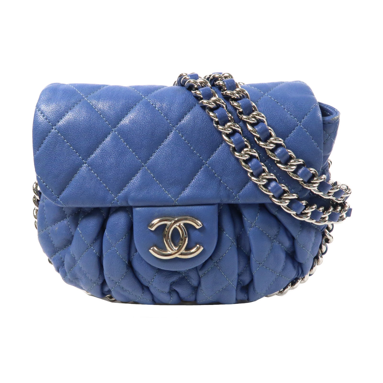 CHANEL 【激減優惠】菱格皮革Chain Shoulder Bag銀扣鏈帶肩背袋藍色