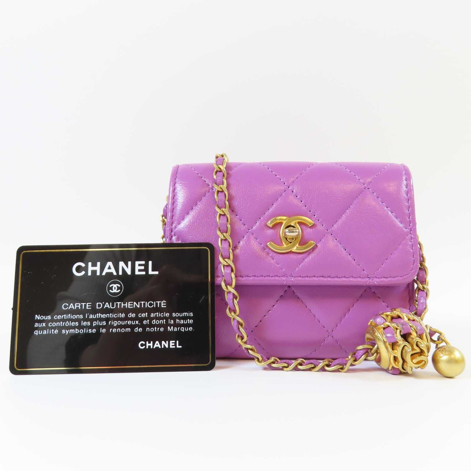 CHANEL **【激減優惠】菱格羊皮皮革Card Case On Chain金扣鏈帶肩背袋紫色