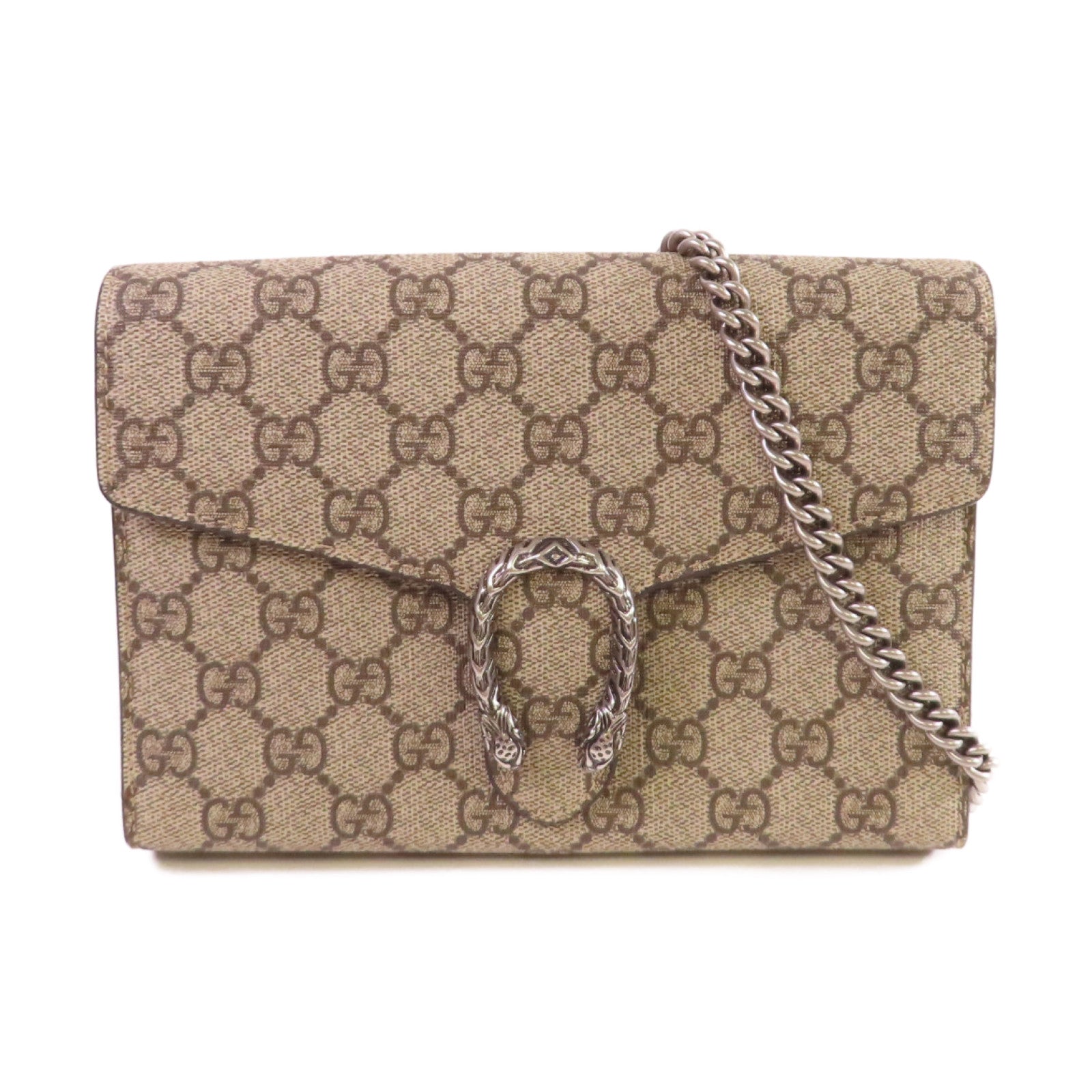 GUCCI 【激減優惠】塗層帆布Dionysus GG Supreme Shoulder Bag銀扣鏈帶肩背袋米色/烏木色