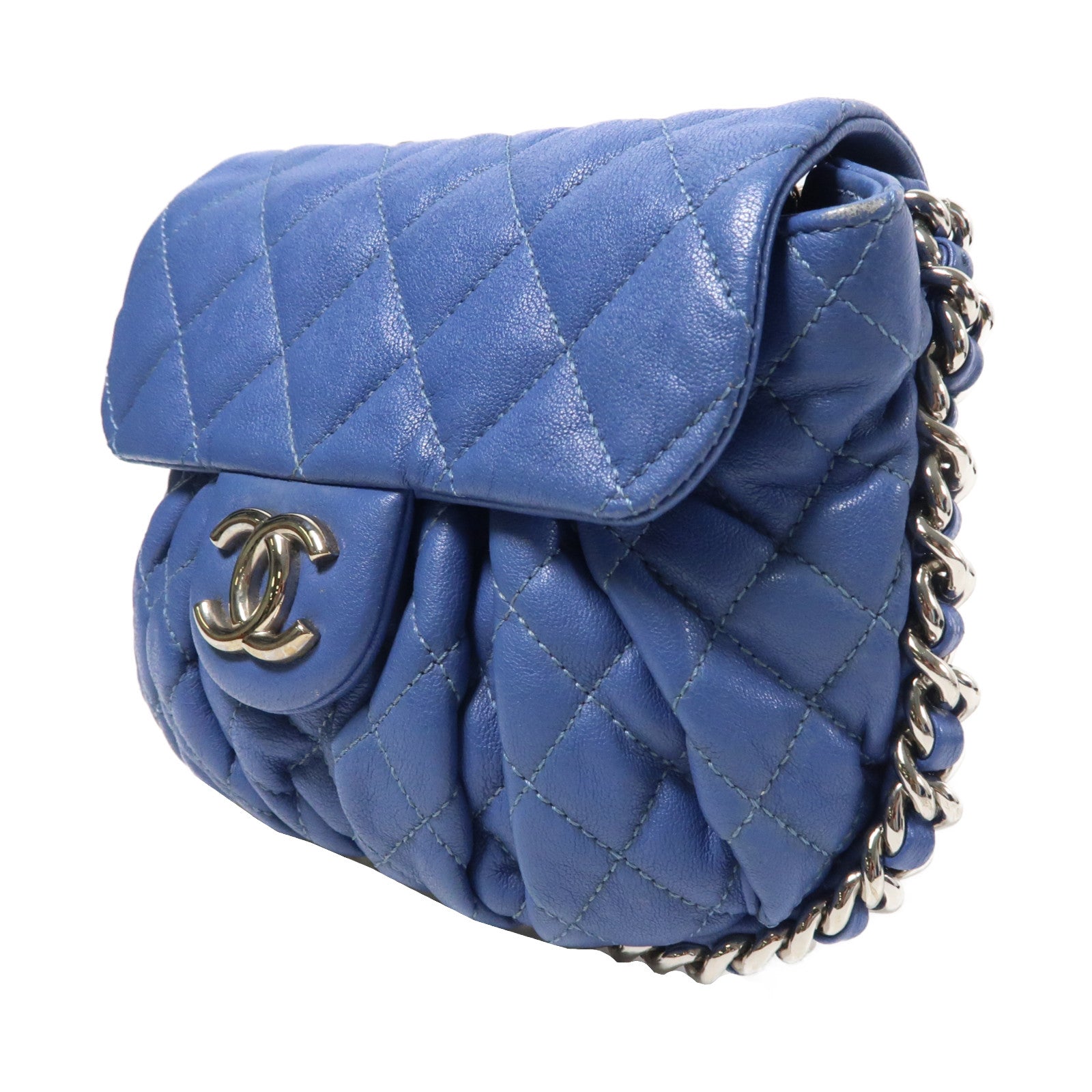 CHANEL 【激減優惠】菱格皮革Chain Shoulder Bag銀扣鏈帶肩背袋藍色