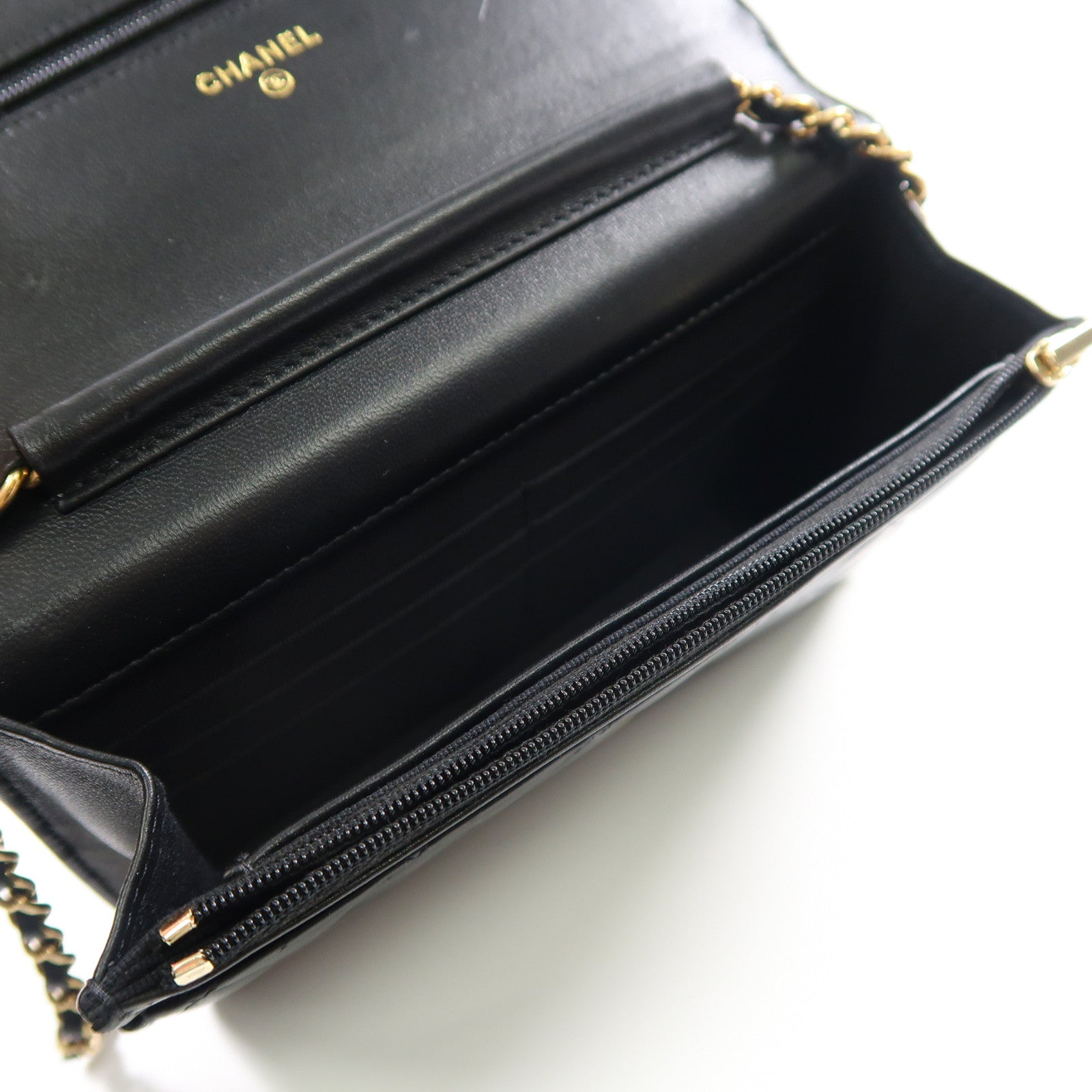 CHANEL 菱格羊皮皮革Wallet On Chain金扣鏈帶肩背袋黑色