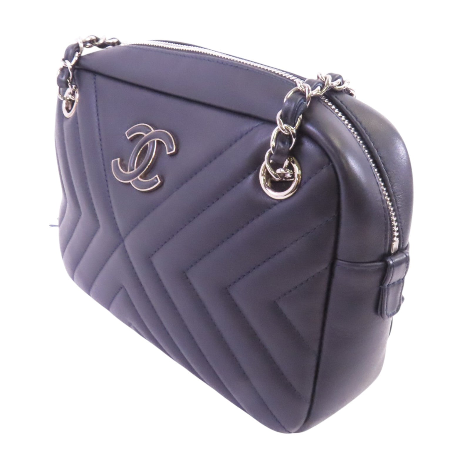 CHANEL 牛皮皮革Chevron Camera Bag銀扣鏈帶肩背袋