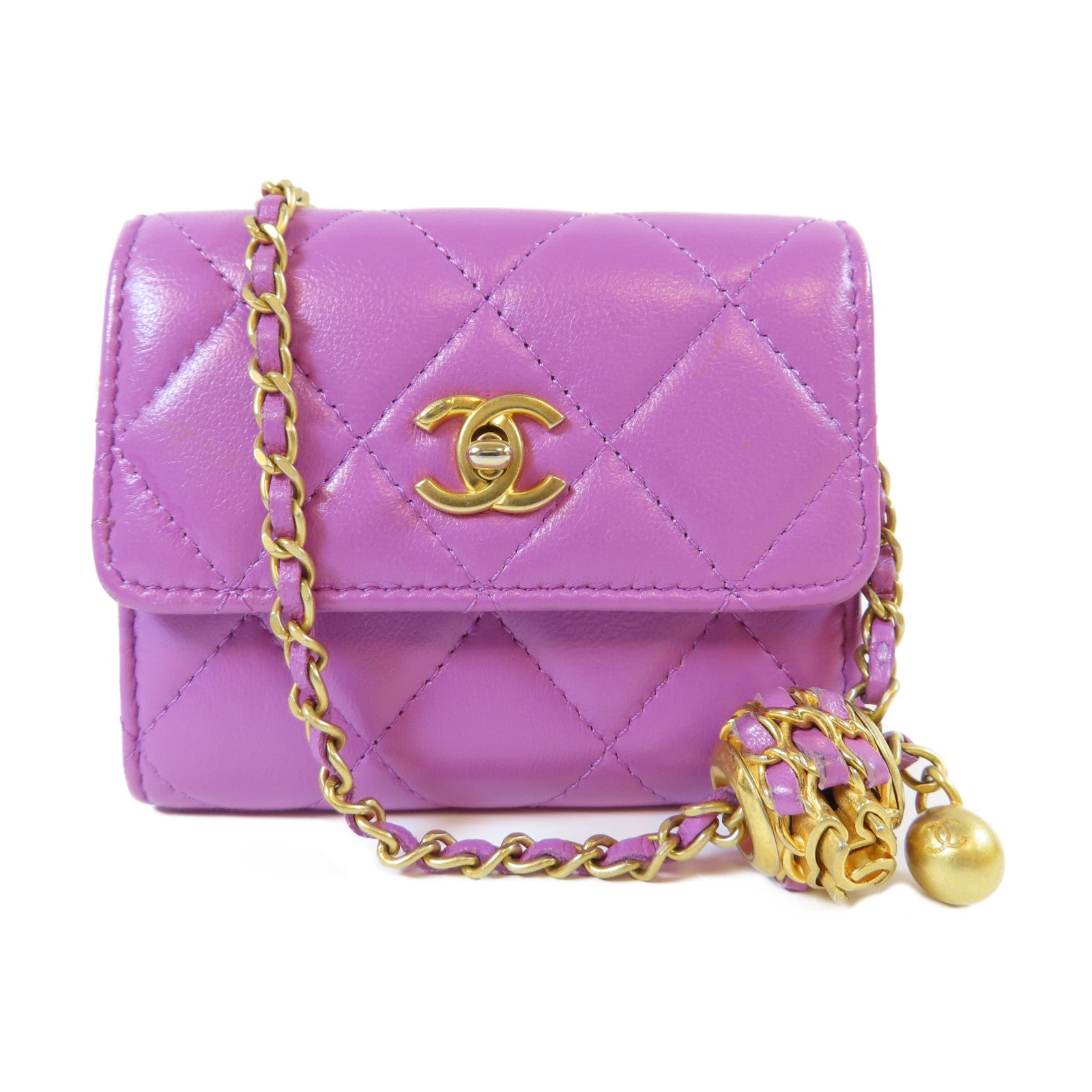 CHANEL **【激減優惠】菱格羊皮皮革Card Case On Chain金扣鏈帶肩背袋紫色