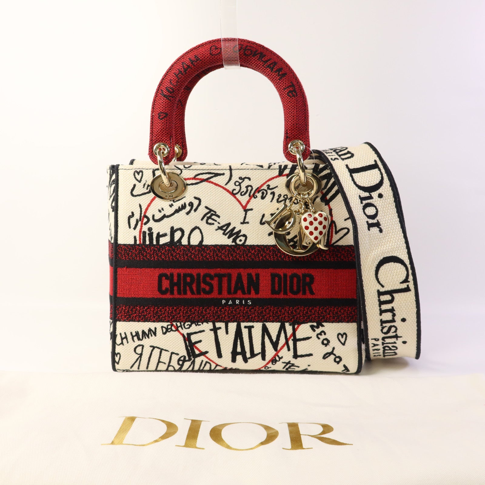 Dior 帆布Lady Dior Medium金扣手挽肩背兩用袋