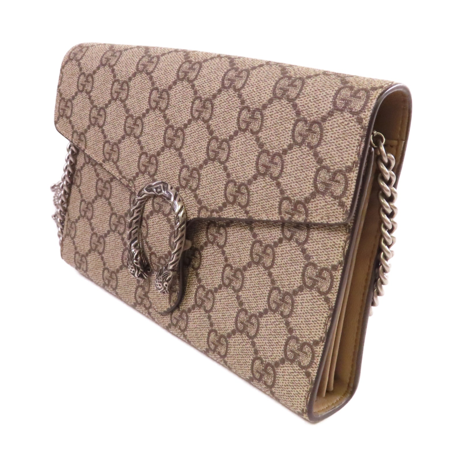 GUCCI 【激減優惠】塗層帆布Dionysus GG Supreme Shoulder Bag銀扣鏈帶肩背袋米色/烏木色