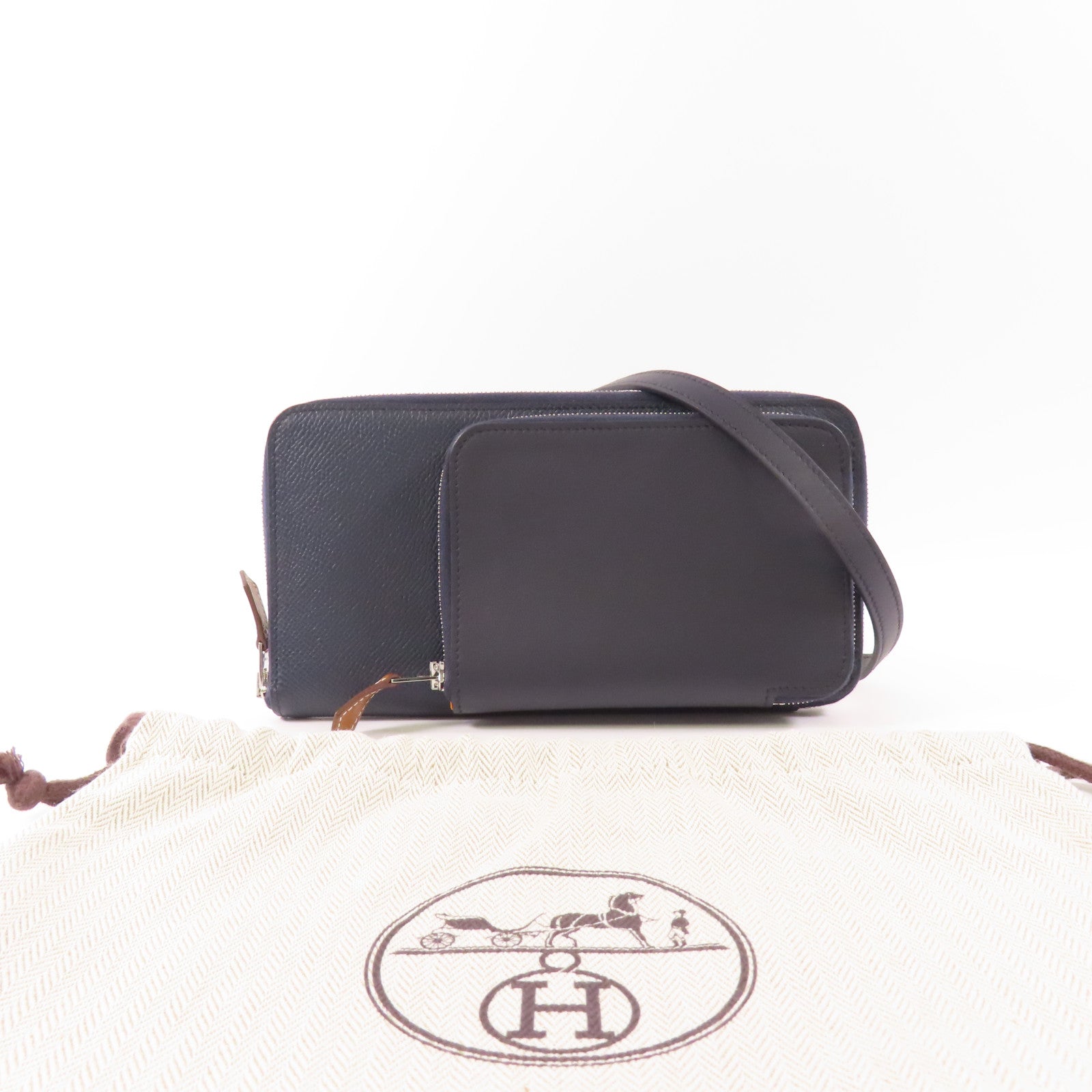 HERMES Epsom皮革/Swift皮革Nouveau To Go銀扣肩背袋Bleu Sapphire