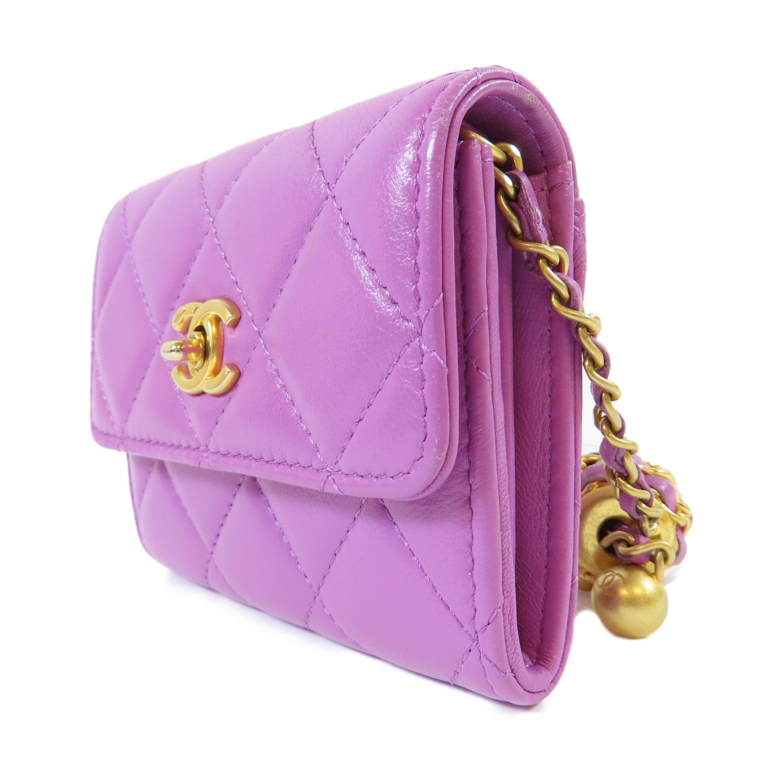 CHANEL **【激減優惠】菱格羊皮皮革Card Case On Chain金扣鏈帶肩背袋紫色