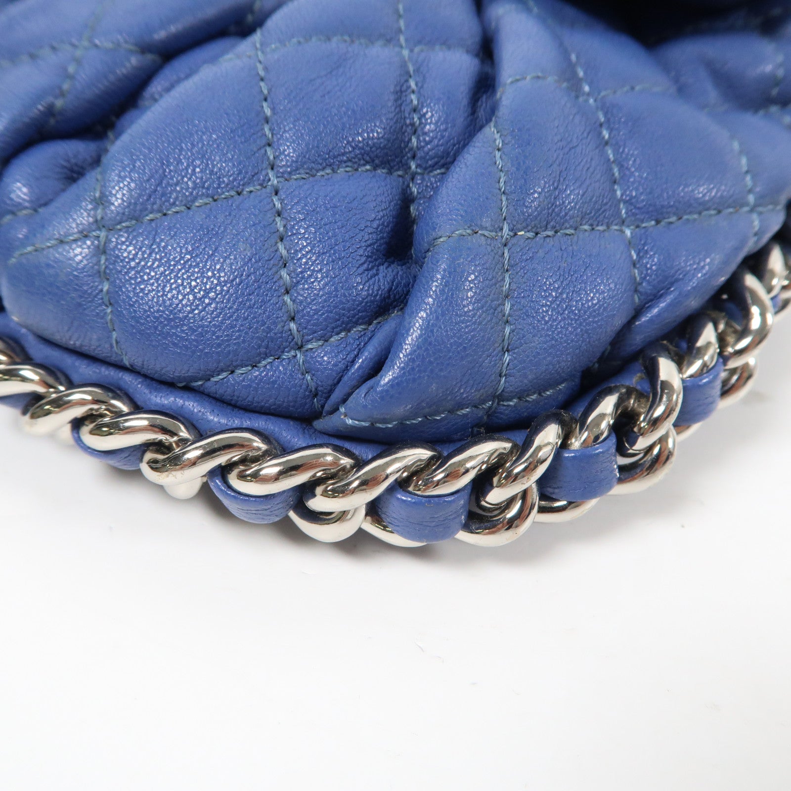 CHANEL 【激減優惠】菱格皮革Chain Shoulder Bag銀扣鏈帶肩背袋藍色