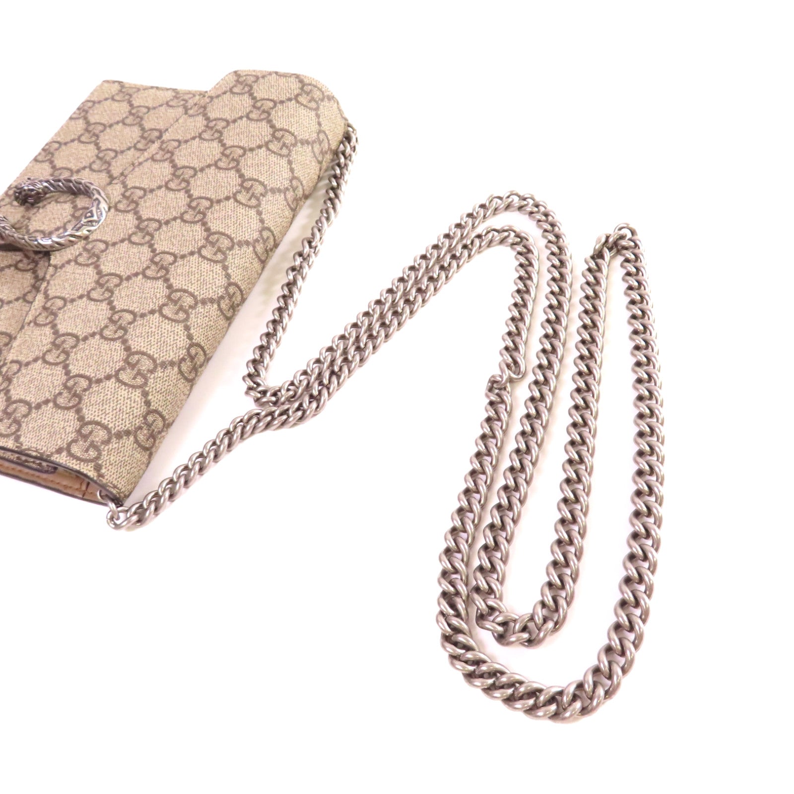 GUCCI 【激減優惠】塗層帆布Dionysus GG Supreme Shoulder Bag銀扣鏈帶肩背袋米色/烏木色