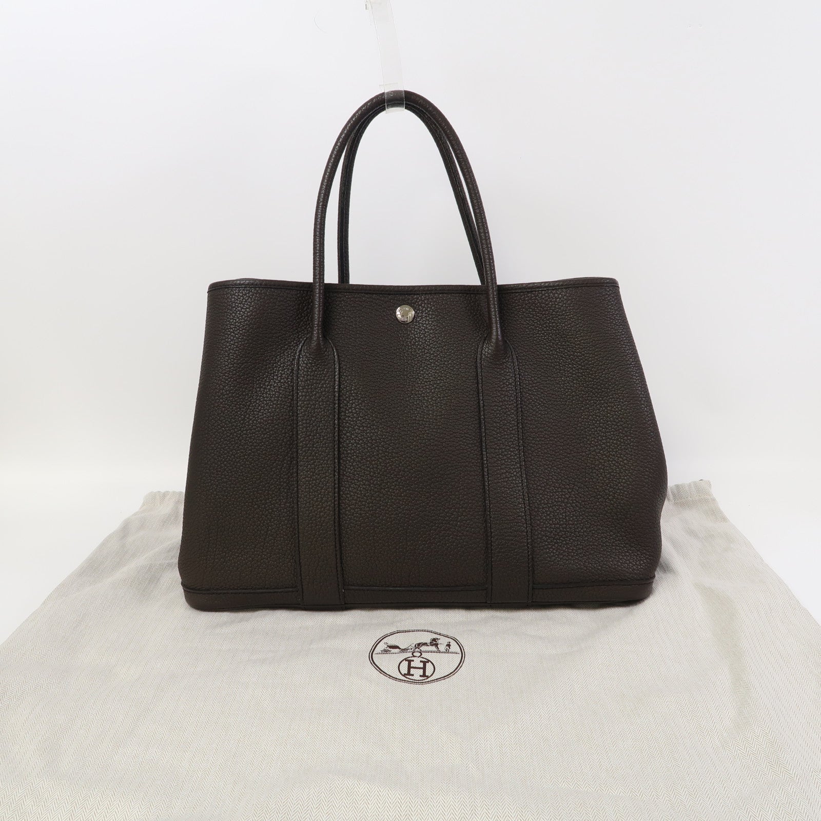 HERMES Negonda皮革Garden Party PM銀扣手挽袋巧克力色