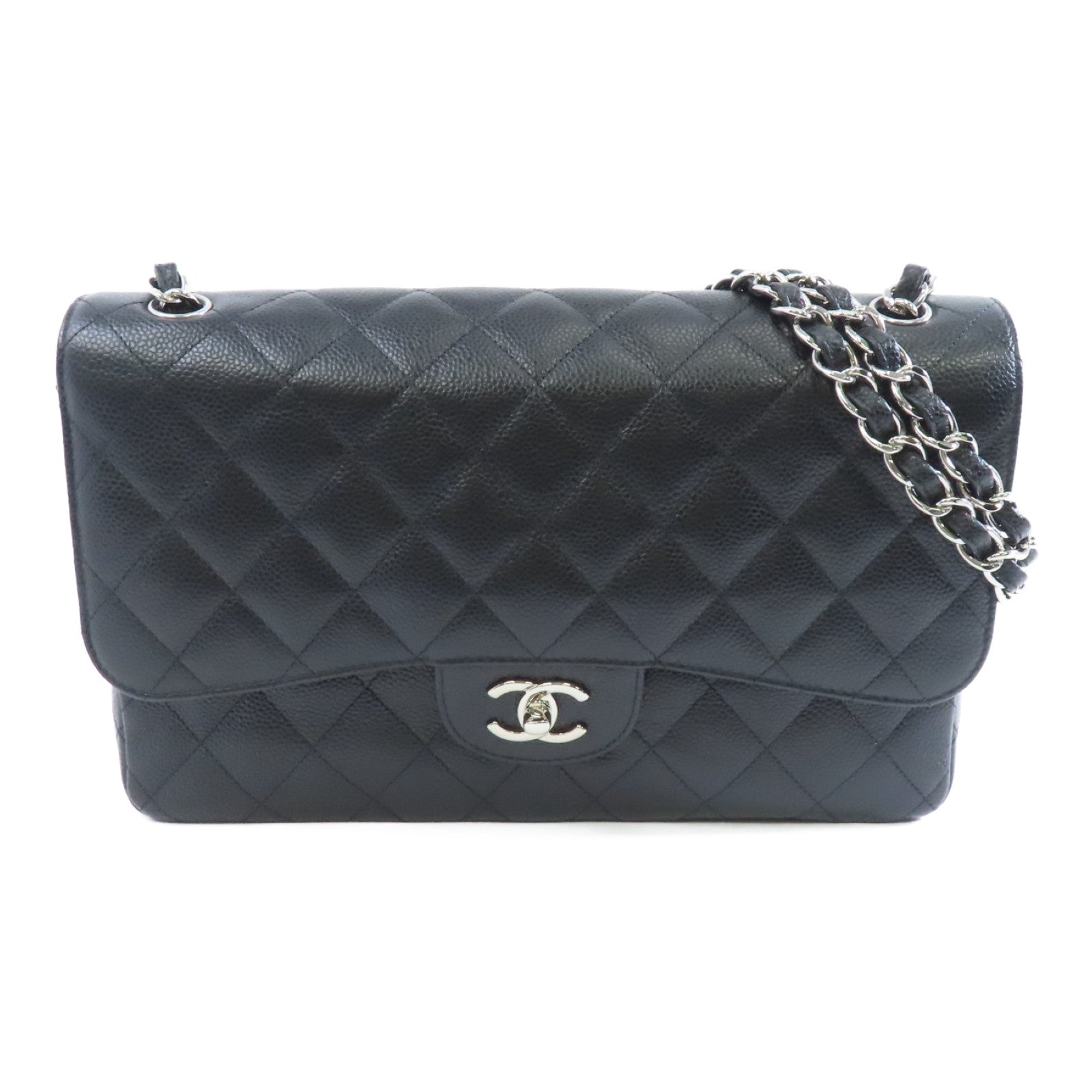 CHANEL 菱格Caviar皮革Classic Flap Jumbo銀扣鏈帶肩背袋黑色