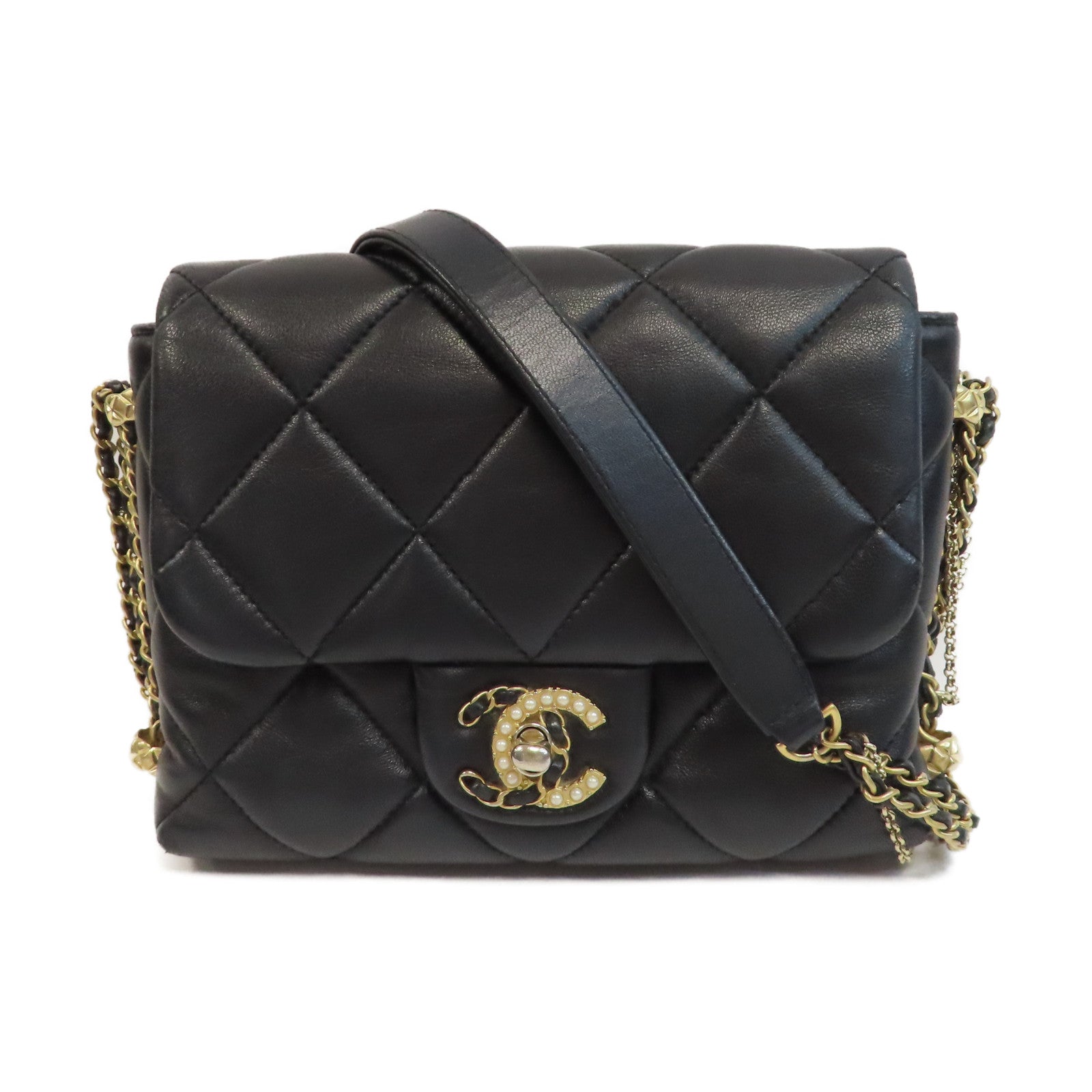 CHANEL 【激減優惠】菱格羊皮皮革Chain Shoulder金扣鏈帶肩背袋黑色