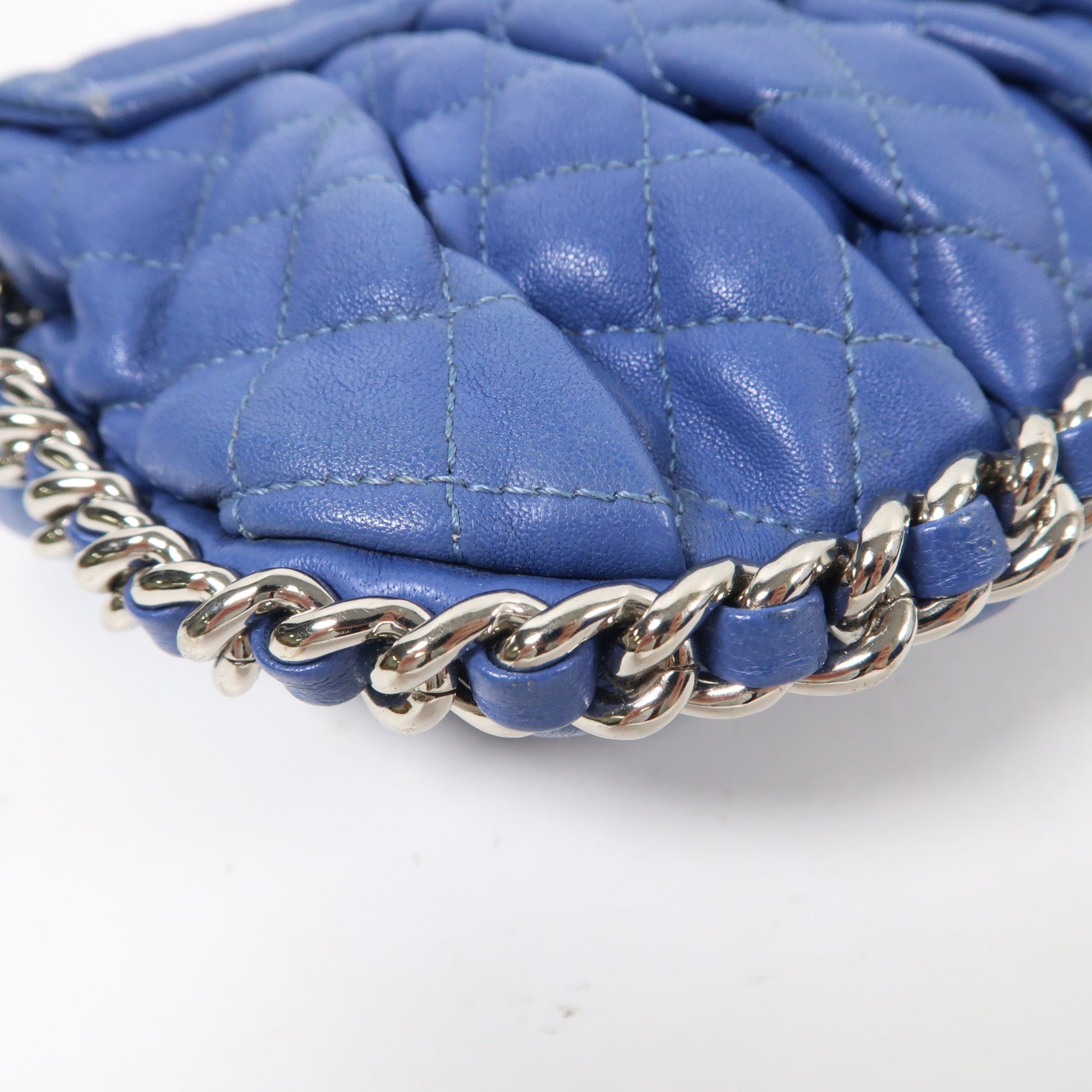 CHANEL 【激減優惠】菱格皮革Chain Shoulder Bag銀扣鏈帶肩背袋藍色