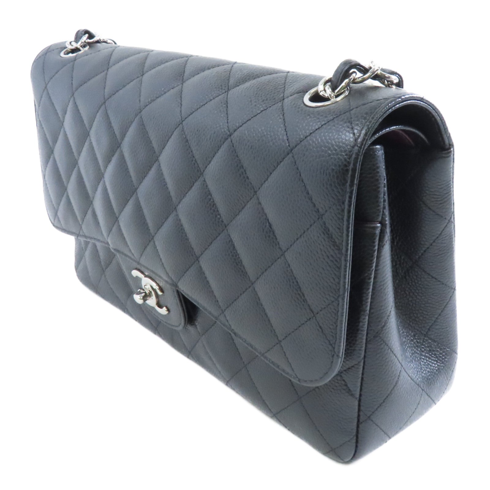 CHANEL 菱格Caviar皮革Classic Flap Jumbo銀扣鏈帶肩背袋黑色