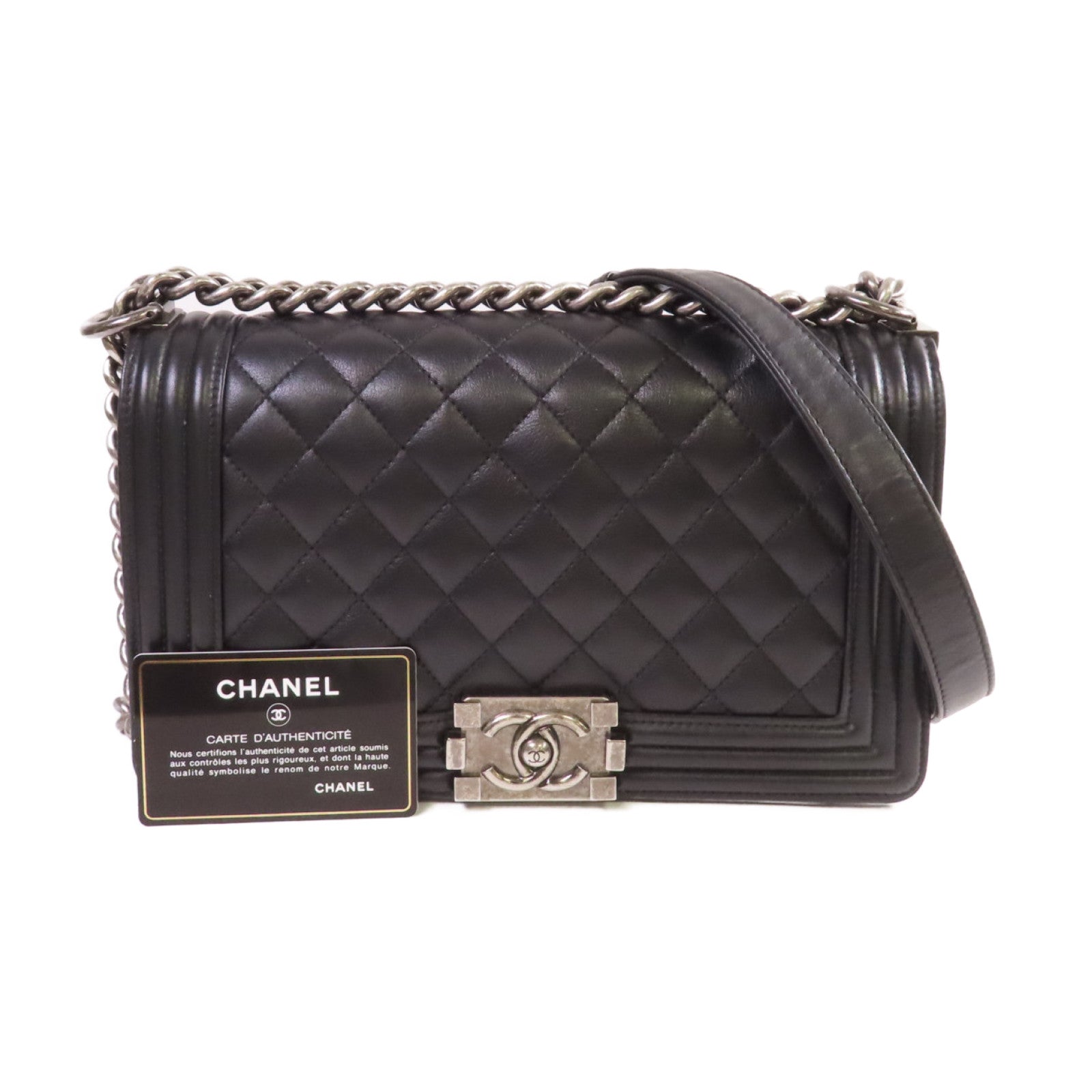 CHANEL 菱格羊皮皮革Boy Chanel 25 Chain Shoulder Bag銀扣鏈帶肩背袋黑色