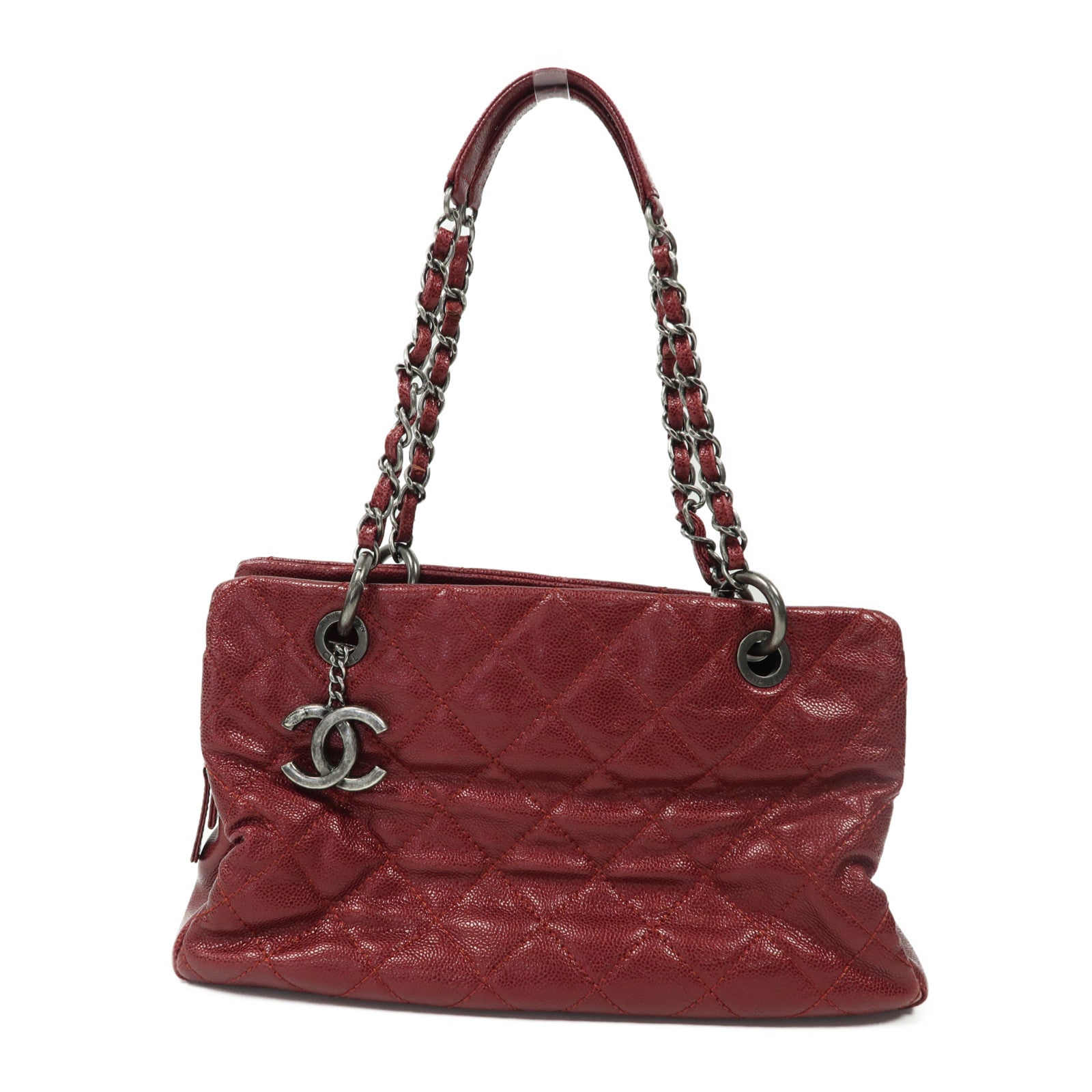CHANEL 【激減優惠】菱格牛皮皮革Chain Shoulder銀扣鏈帶肩背袋紅色