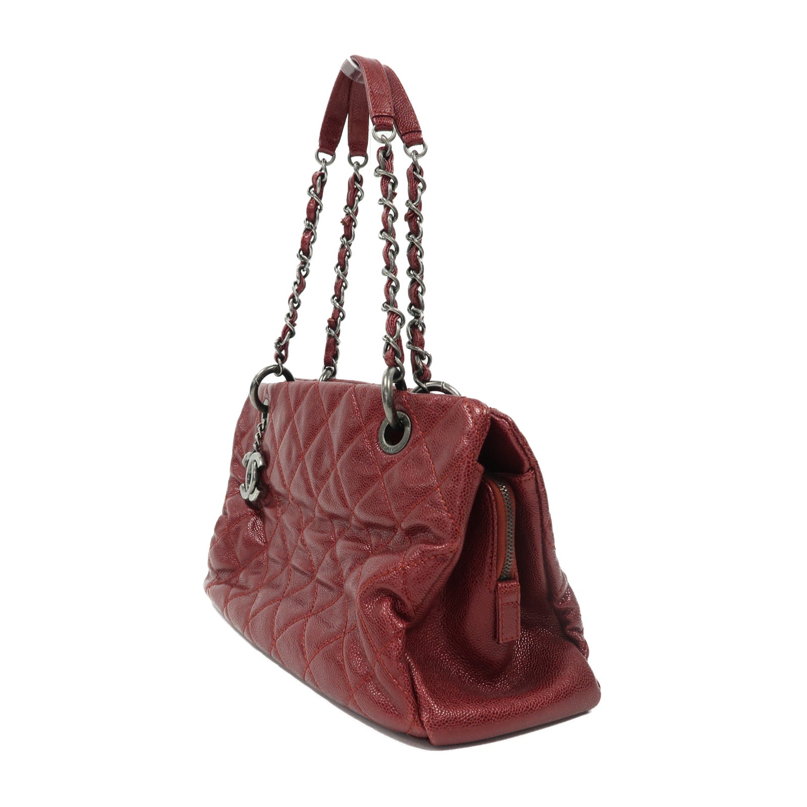 CHANEL 【激減優惠】菱格牛皮皮革Chain Shoulder銀扣鏈帶肩背袋紅色