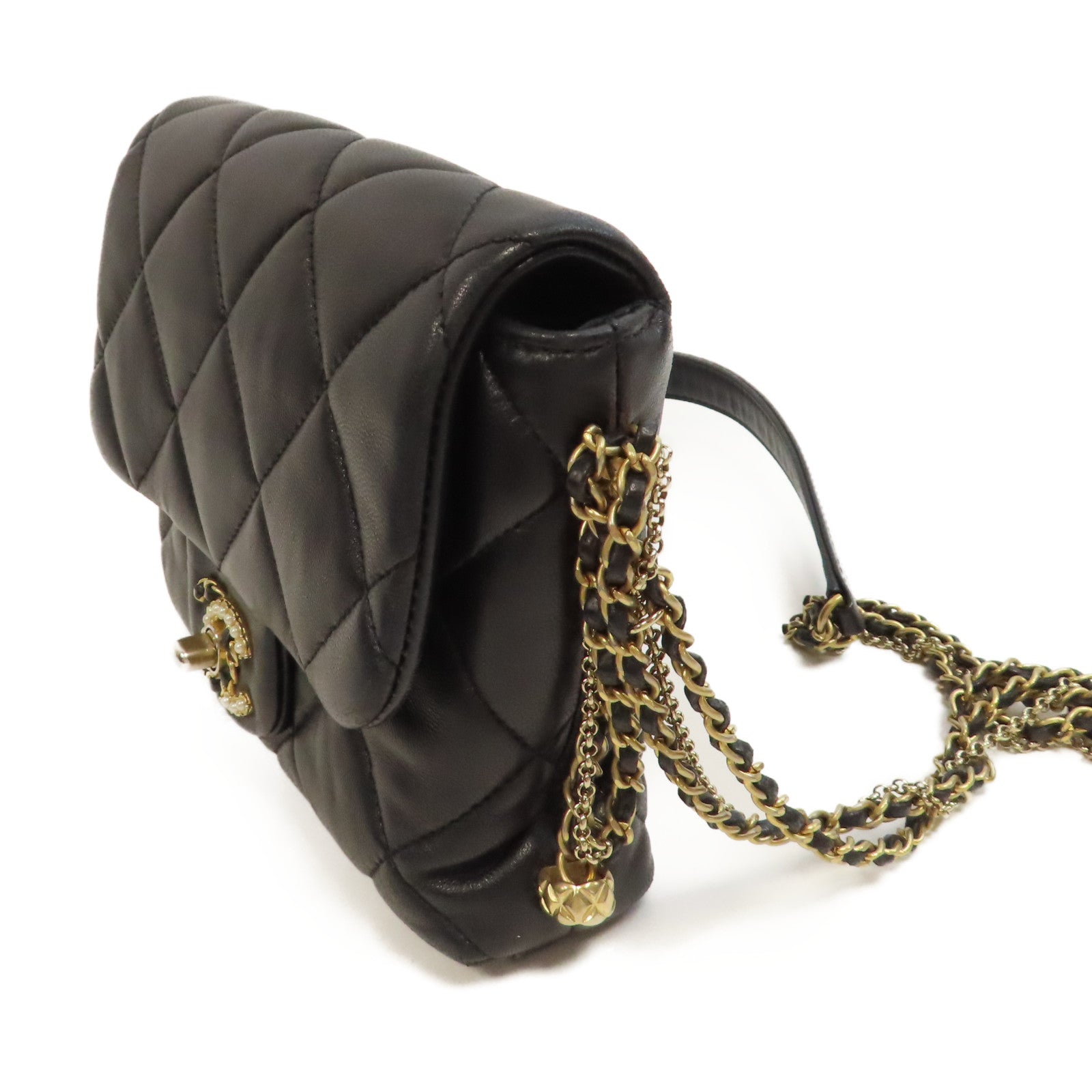 CHANEL 【激減優惠】菱格羊皮皮革Chain Shoulder金扣鏈帶肩背袋黑色