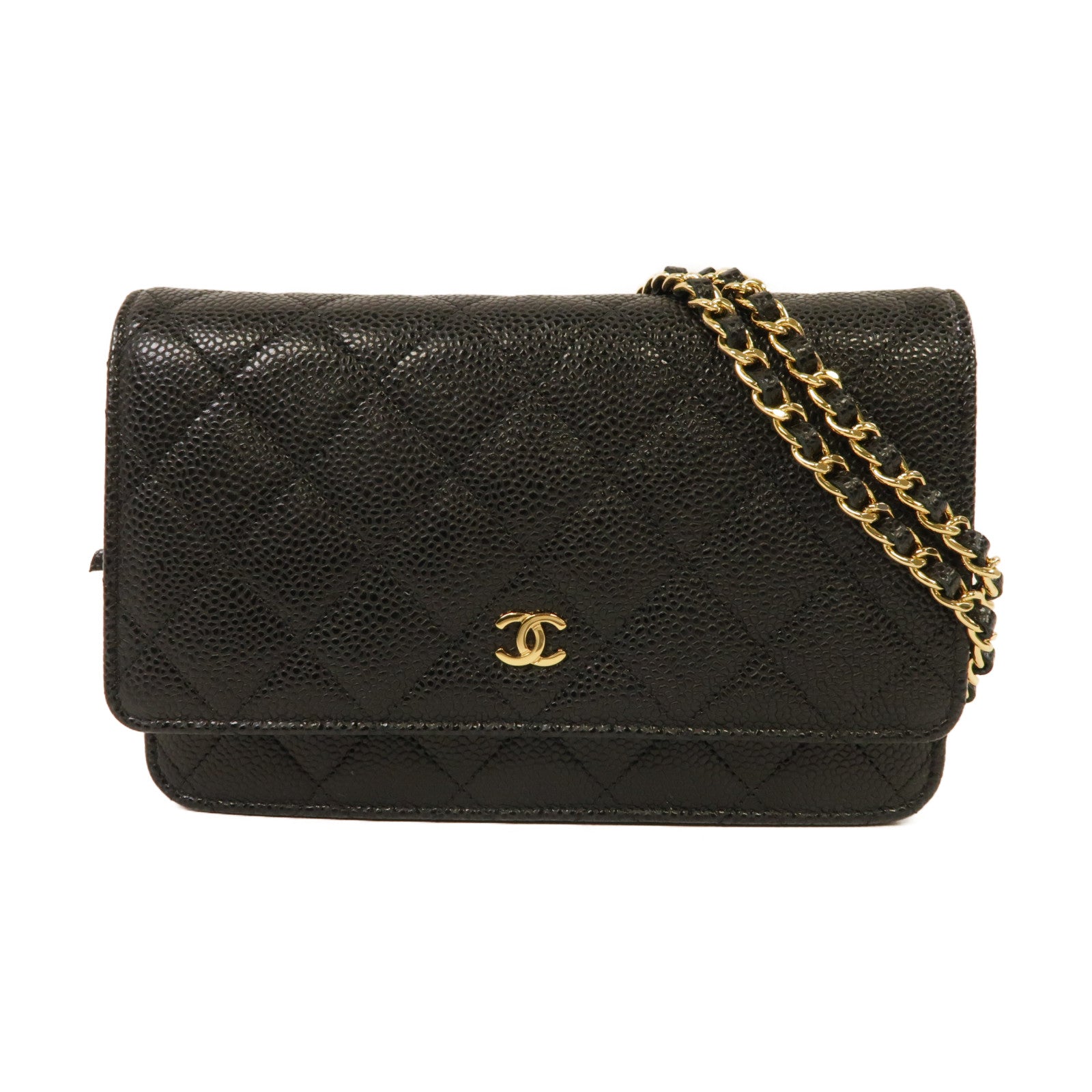 CHANEL 菱格Caviar皮革Wallet On Chain金扣鏈帶肩背袋黑色