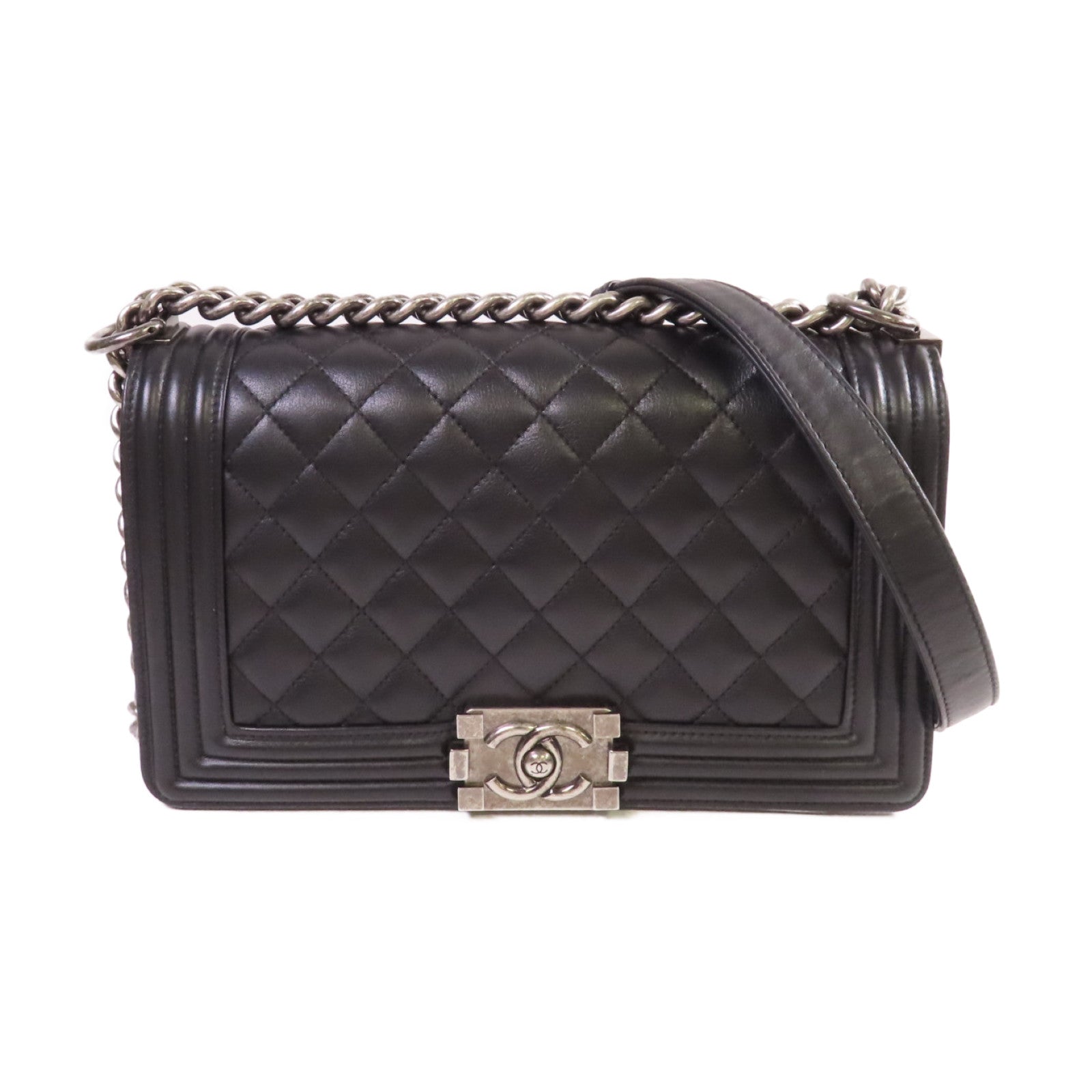 CHANEL 菱格羊皮皮革Boy Chanel 25 Chain Shoulder Bag銀扣鏈帶肩背袋黑色