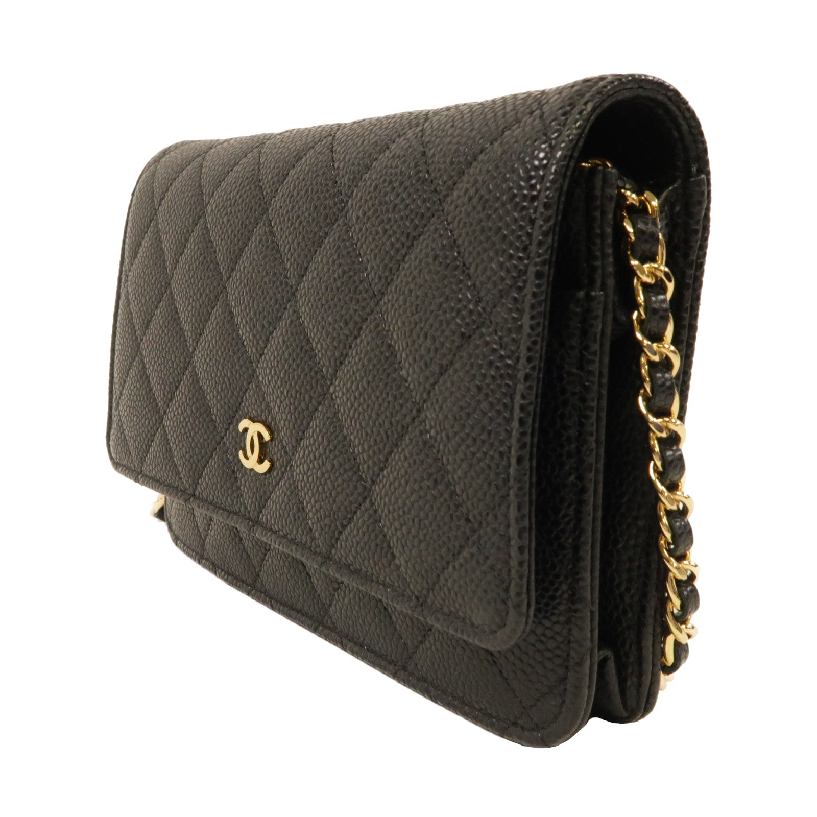 CHANEL 菱格Caviar皮革Wallet On Chain金扣鏈帶肩背袋黑色